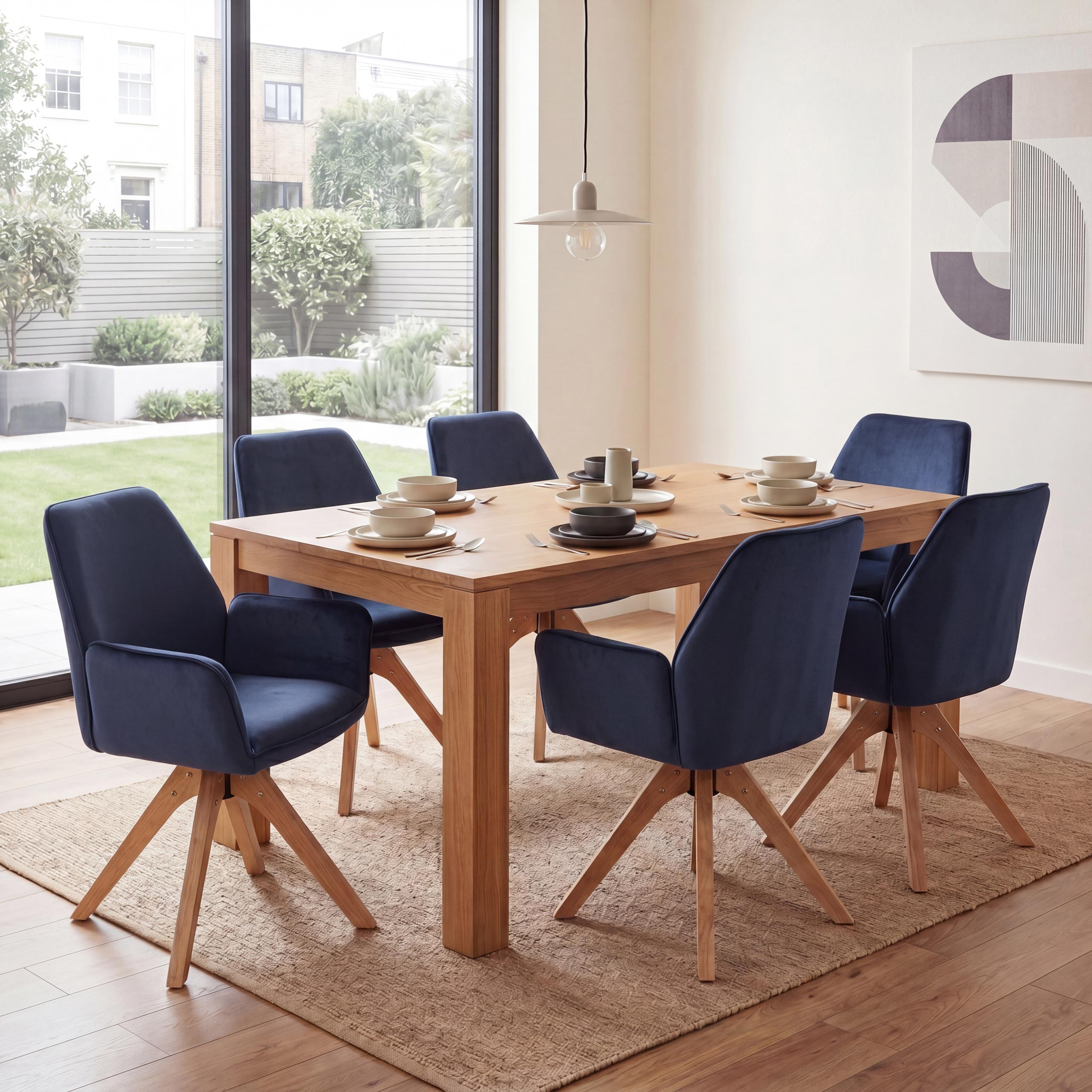 6er-Set Esszimmerstuhl MCW-G67, Esstischstuhl K&uuml;chenstuhl mit Armlehne, drehbar Holz Samt 320 g/m&sup2; MVG ~ anthrazit-blau 