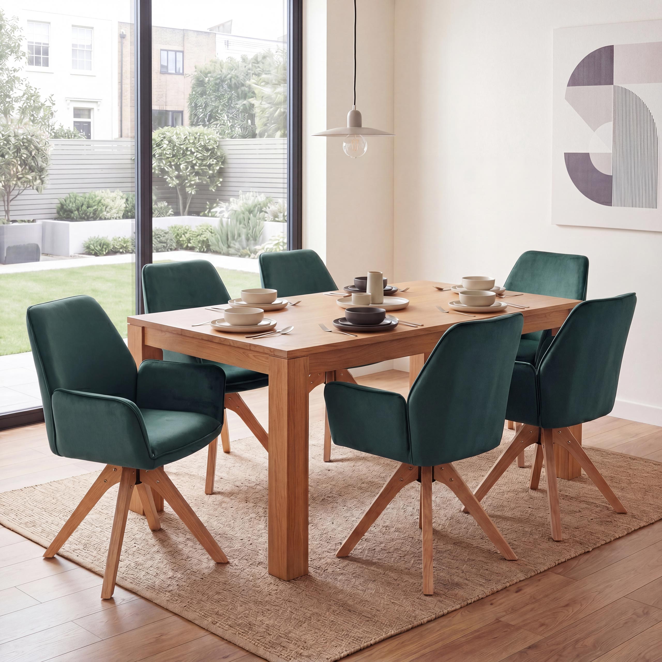 6er-Set Esszimmerstuhl MCW-G67, Esstischstuhl K&uuml;chenstuhl mit Armlehne, drehbar Holz Samt 320 g/m&sup2; MVG ~ gr&uuml;n 