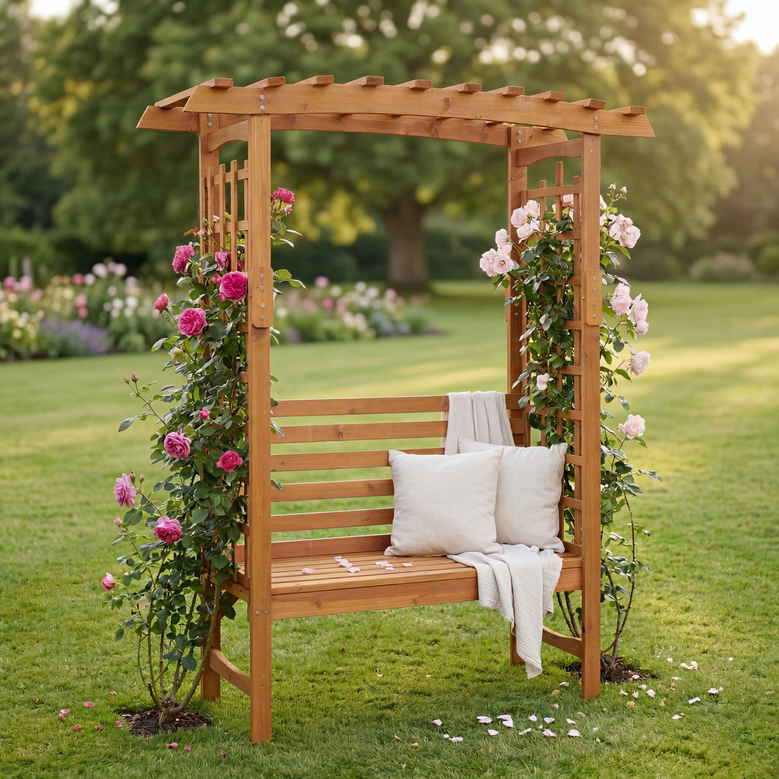 Rosenbogen mit Sitzbank MCW-Q21, Gartenbogen Rankhilfe Bank Gartenbank Holz MVG-zertifiziert 201x160x60cm ~ natur 