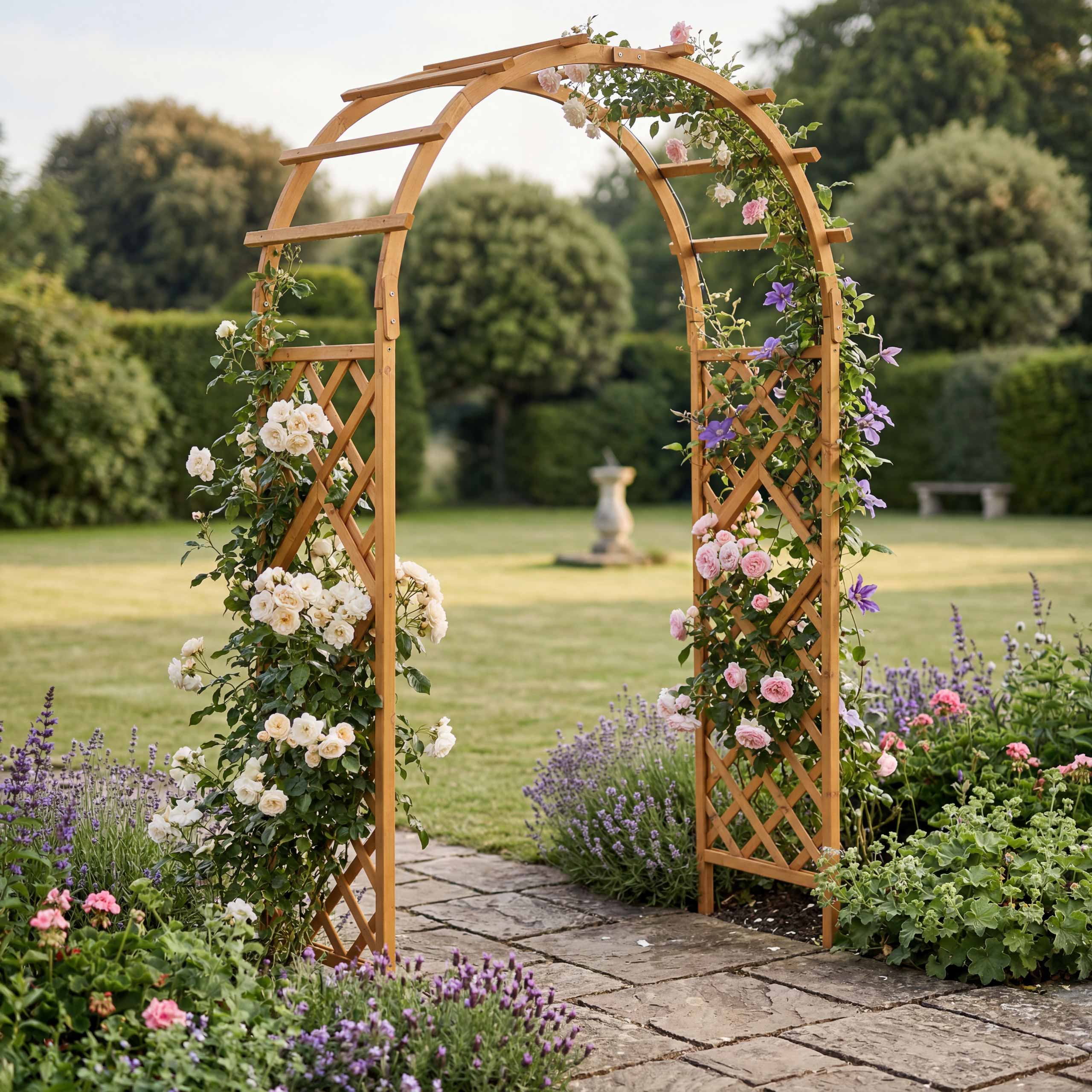 Rosenbogen MCW-Q20, Rankgitter Rosenspalier Rankhilfe Torbogen Garten Holz MVG-zertifiziert 210x126x60cm ~ natur 