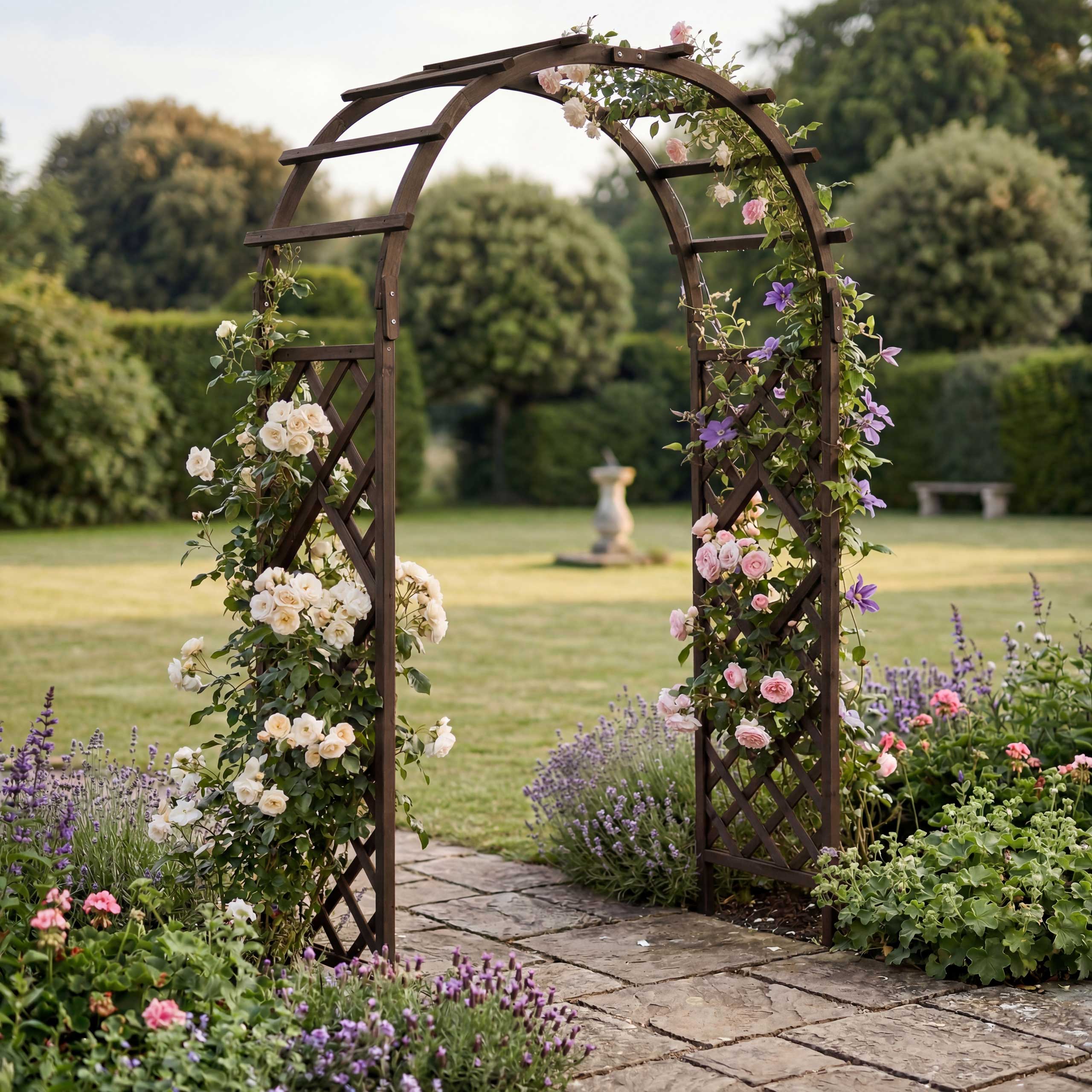 Rosenbogen MCW-Q20, Rankgitter Rosenspalier Rankhilfe Torbogen Garten Holz MVG-zertifiziert 210x126x60cm ~ dunkelbraun 