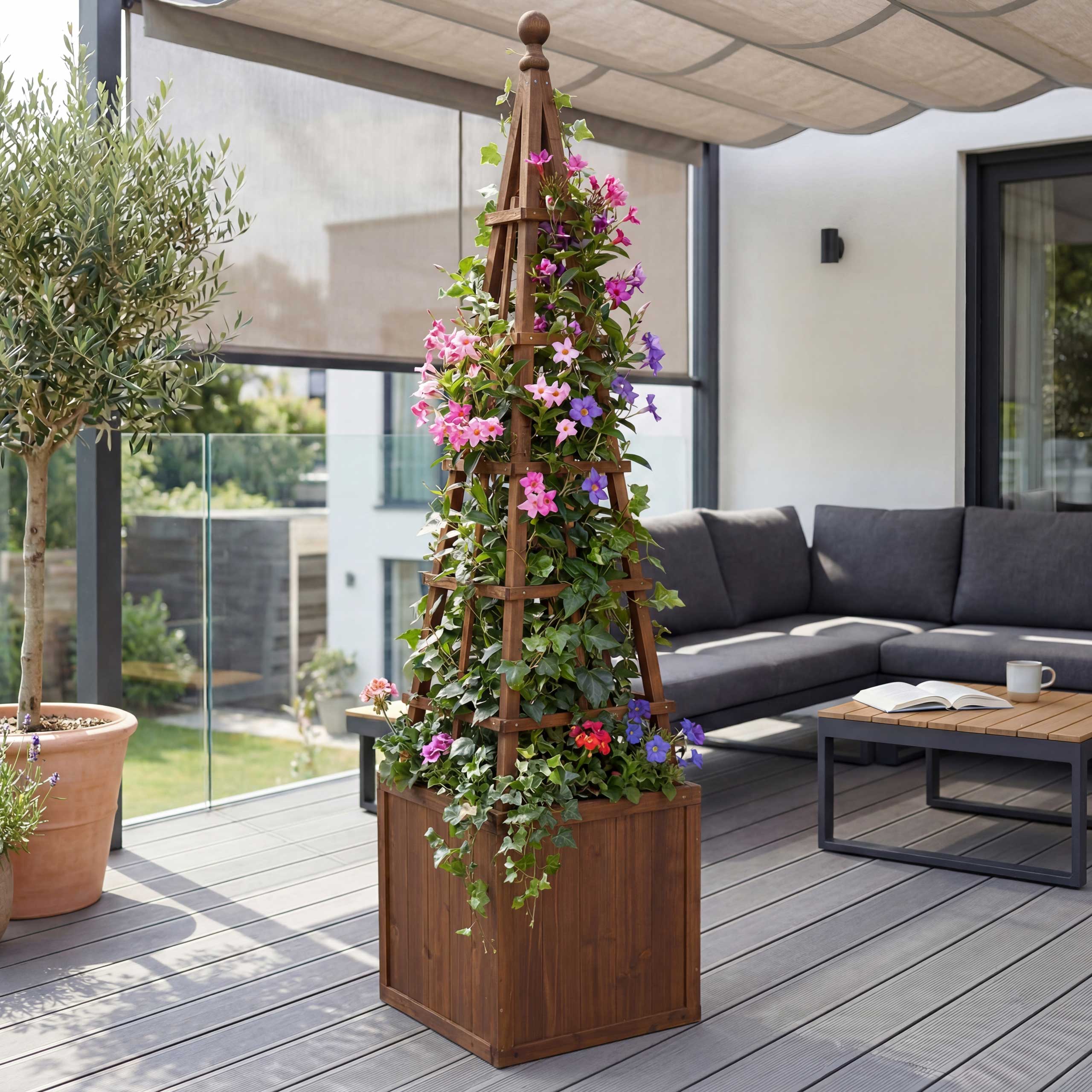 Rankgitter MCW-Q18, Pflanzkasten Pflanzk&uuml;bel Blumenkasten Rankhilfe Holz MVG-zertifiziert 168x40x40cm ~ dunkelbraun 