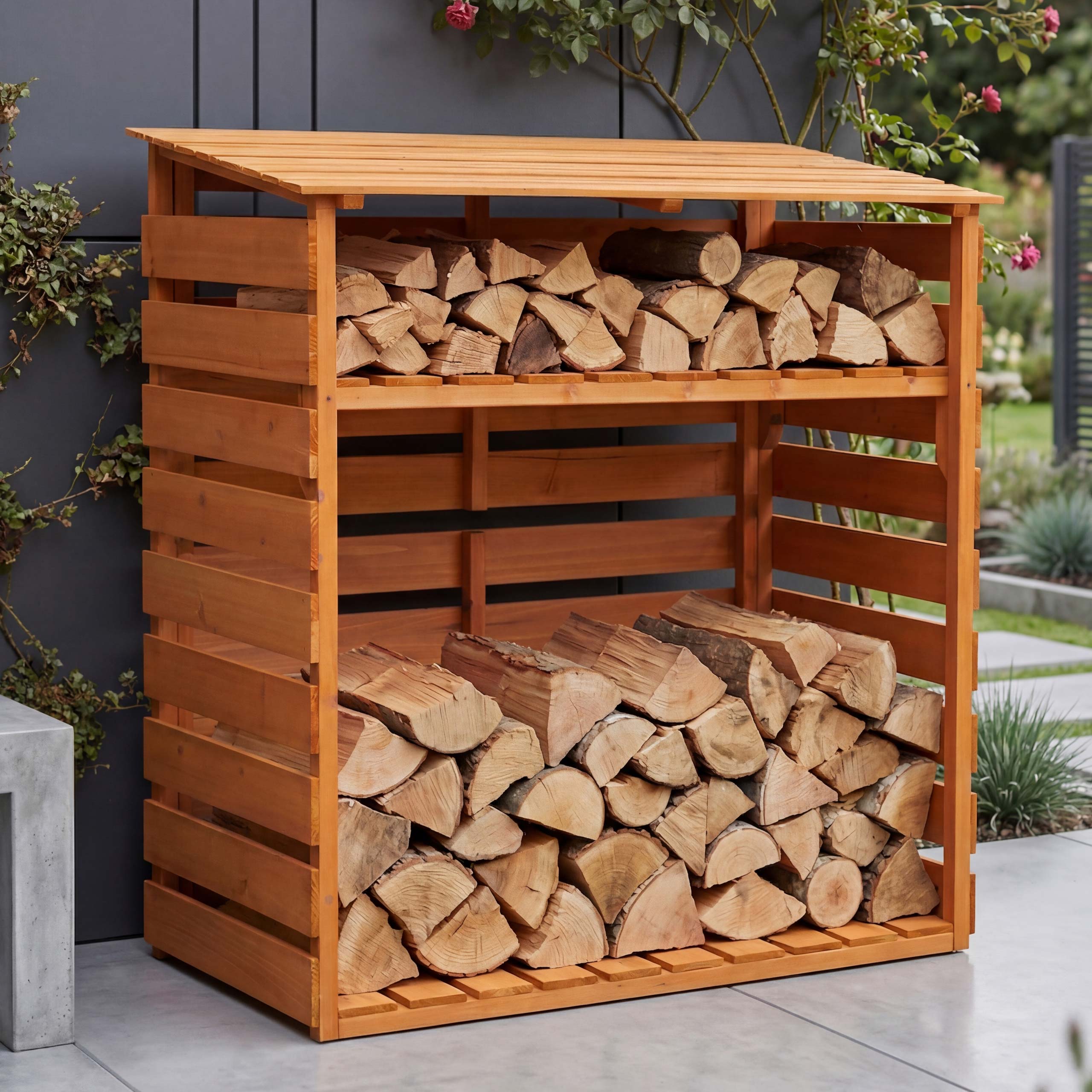 Brennholzlager MCW-Q16, Kamin-/Feuerholzregal Holzlager Holzunterstand, Ablage Holz Tanne&nbsp;MVG&nbsp;121x122x61cm ~ natur 