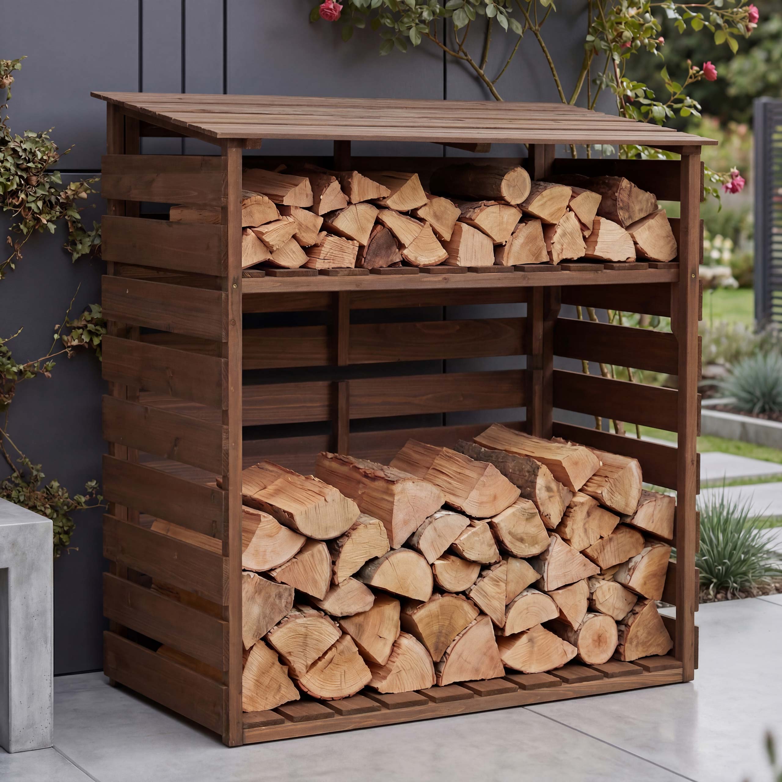Brennholzlager MCW-Q16, Kamin-/Feuerholzregal Holzlager Holzunterstand, Ablage Holz Tanne&nbsp;MVG&nbsp;121x122x61cm ~ dunkelbraun 