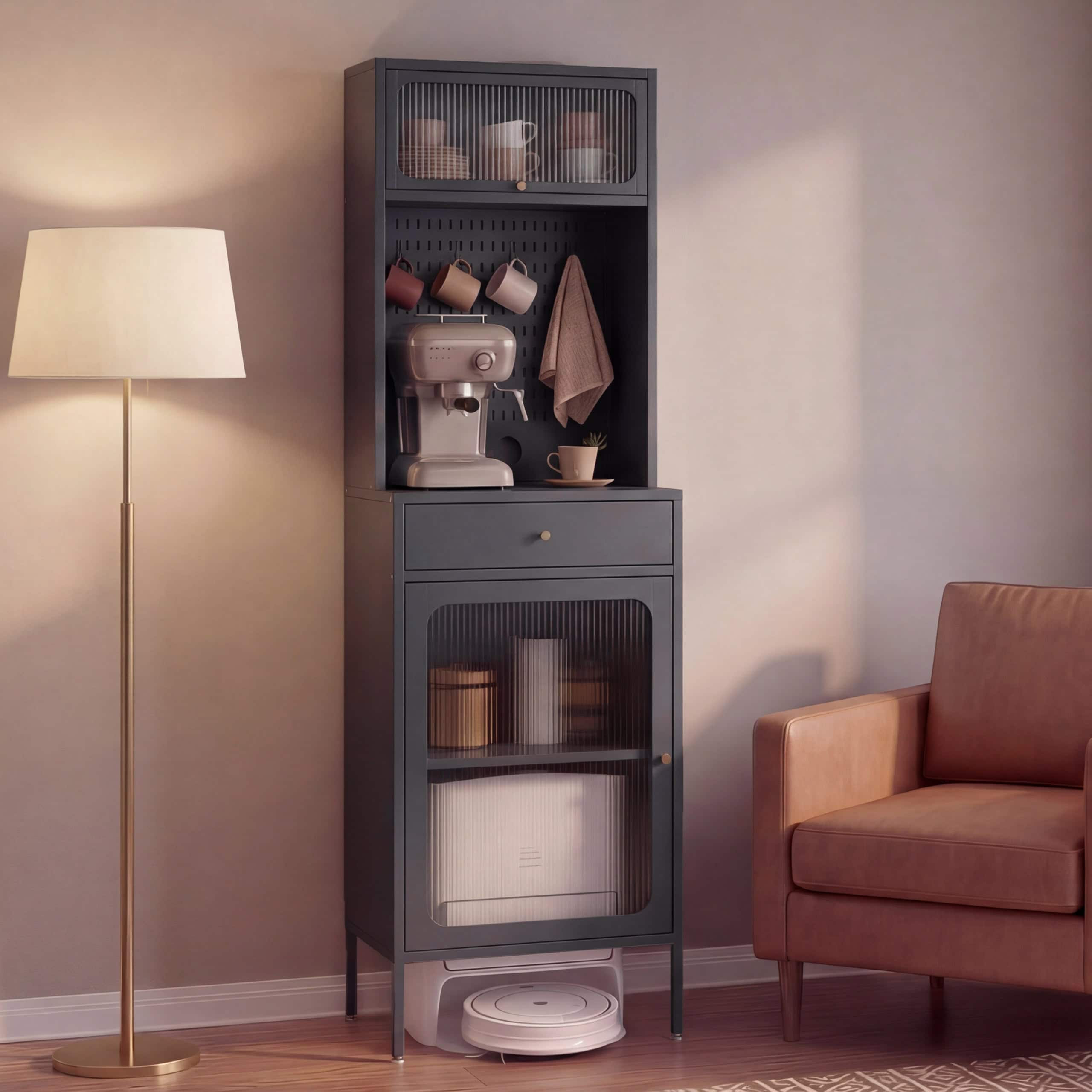 Highboard MCW-P99, Hochschrank K&uuml;chenschrank Saugrobotergarage, Stauf&auml;cher Metall Glas 182x54x40cm ~ anthrazit 
