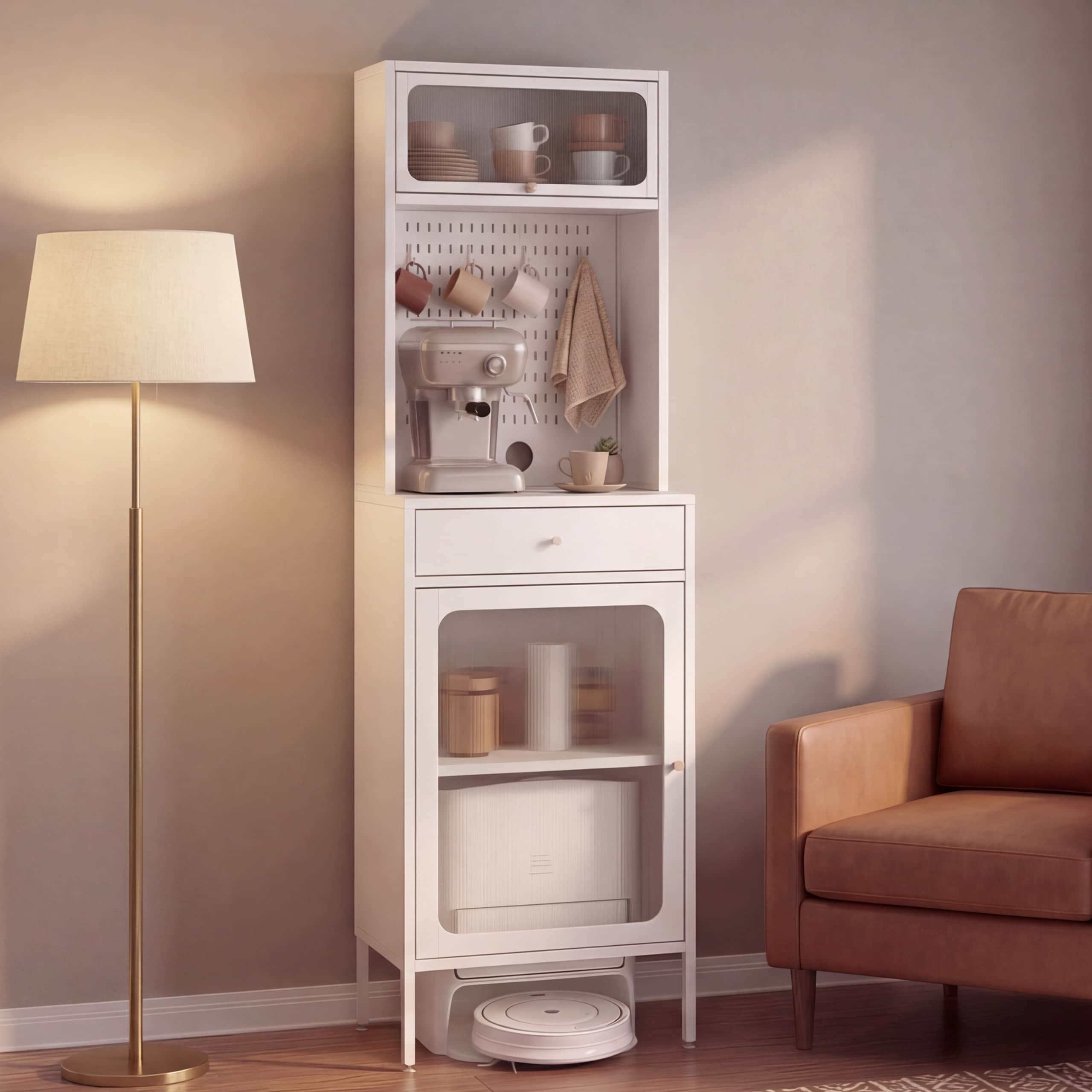 Highboard MCW-P99, Hochschrank K&uuml;chenschrank Saugrobotergarage, Stauf&auml;cher Metall Glas 182x54x40cm ~ wei&szlig; 