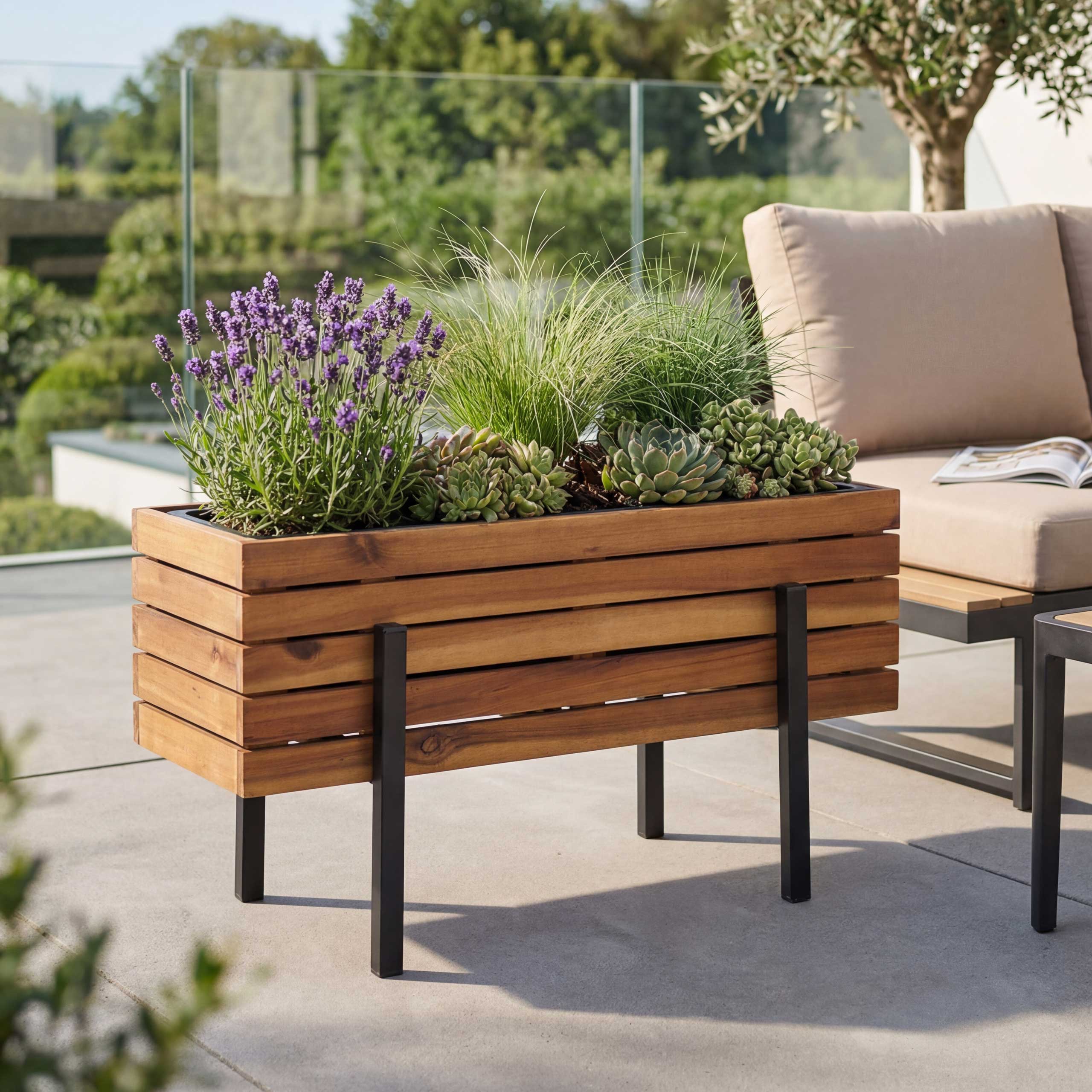 Pflanzkasten MCW-P88, Blumen-/Pflanzk&uuml;bel Blumenkasten, In-/Outdoor Akazie Holz MVG-zertifiziert 35x62x26cm ~ braun 