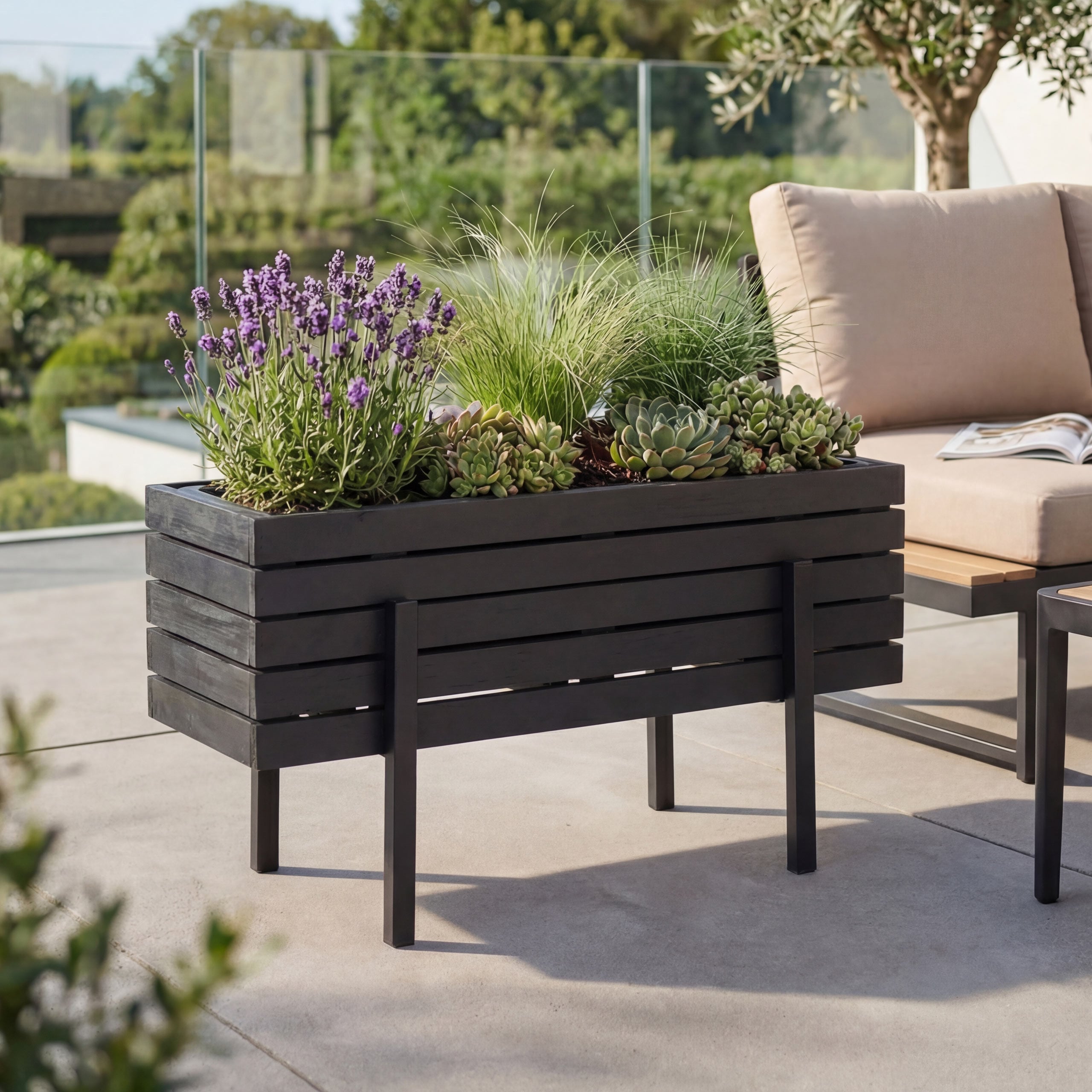 Pflanzkasten MCW-P88, Blumen-/Pflanzk&uuml;bel Blumenkasten, In-/Outdoor Akazie Holz MVG-zertifiziert 35x62x22cm ~ schwarz 