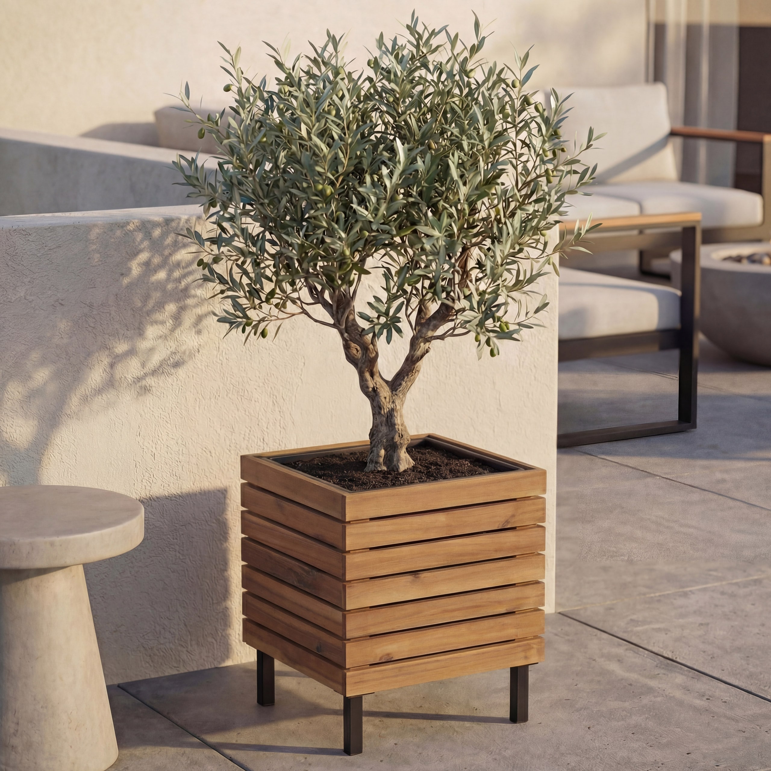 Pflanzkasten MCW-P84, Blumenkasten quadratisch Outdoor Stahl Akazie 43x33x33cm MVG-zertifiziert ~ hellbraun 