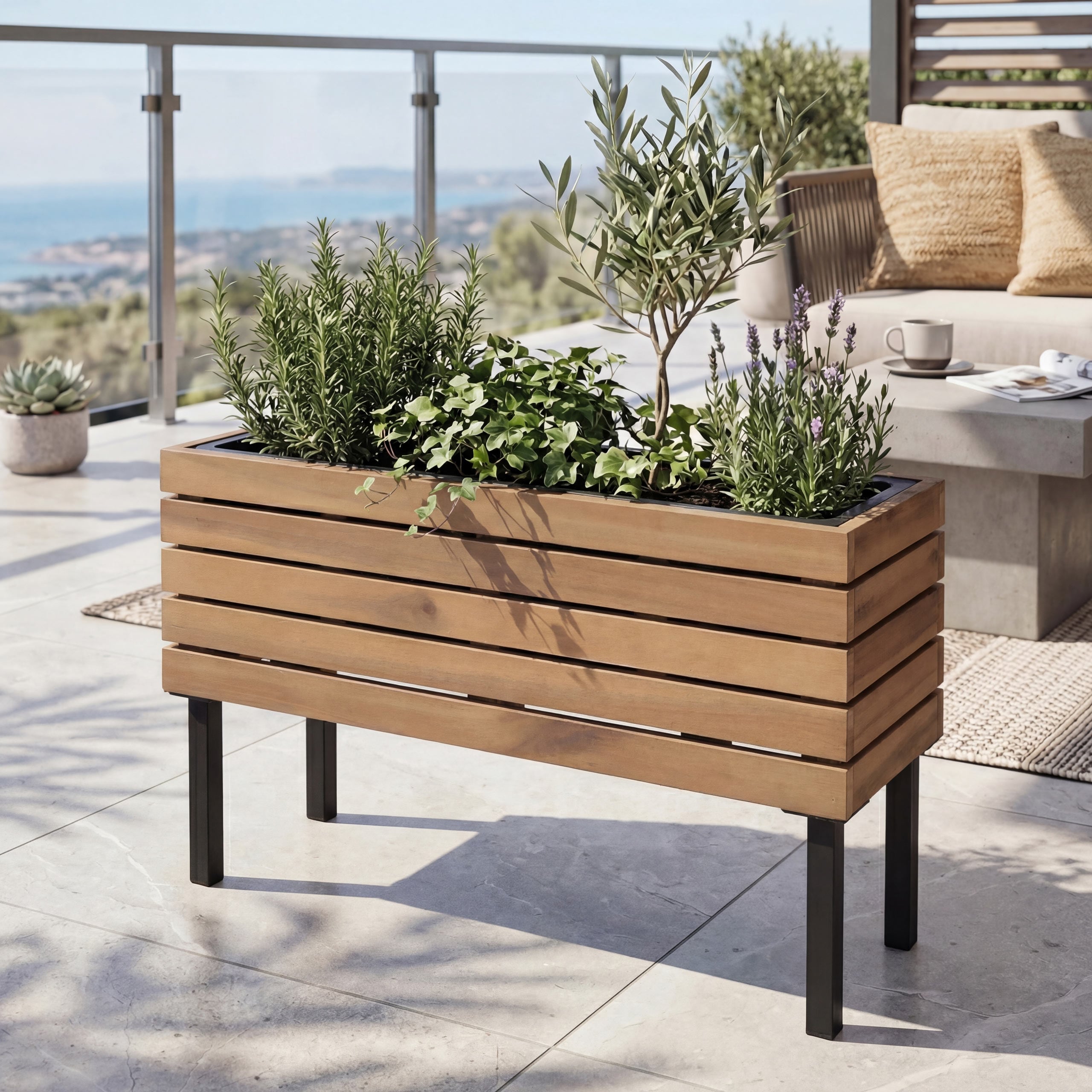 Pflanzkasten MCW-P84, Blumenkasten Outdoor Stahl Akazie 36x62x22cm MVG-zertifiziert ~ hellbraun 