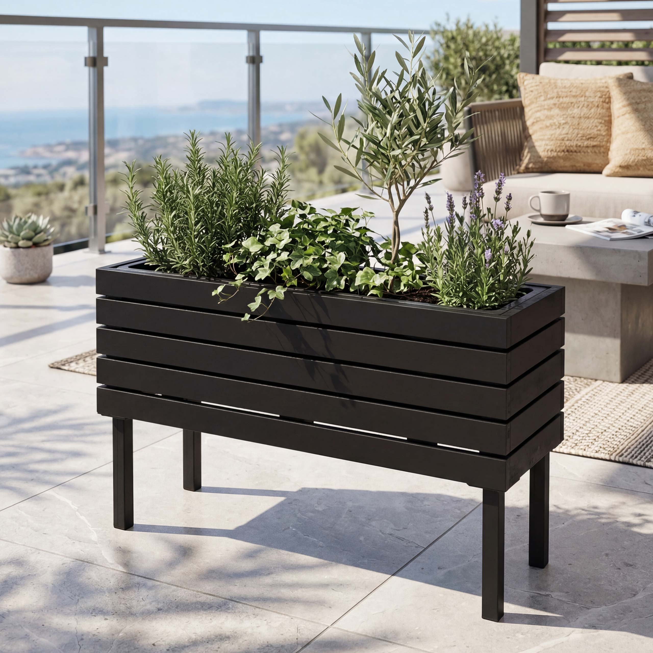 Pflanzkasten MCW-P84, Blumenkasten Outdoor Stahl Akazie 36x62x22cm MVG-zertifiziert ~ schwarz 