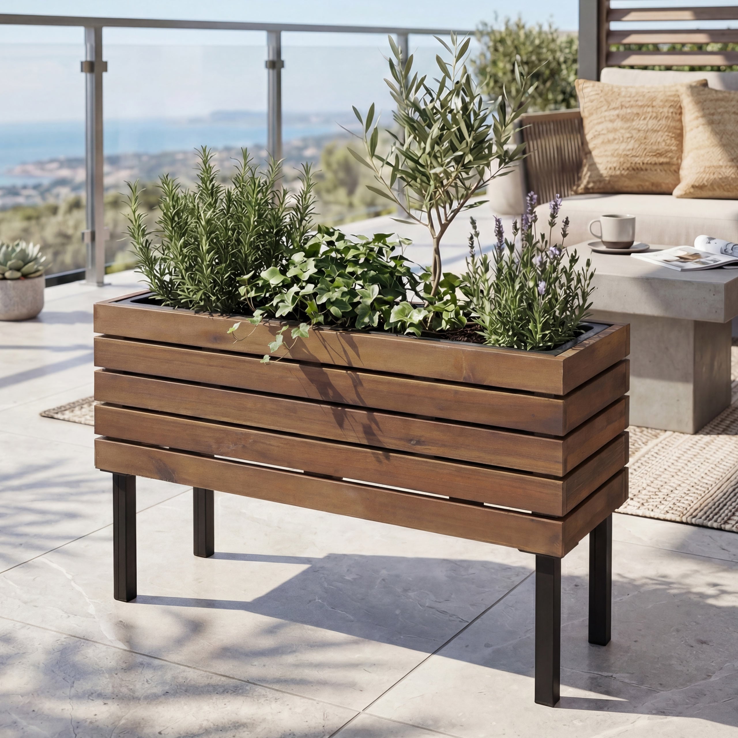 Pflanzkasten MCW-P84, Blumenkasten Outdoor Stahl Akazie 36x62x22cm MVG-zertifiziert ~ braun 