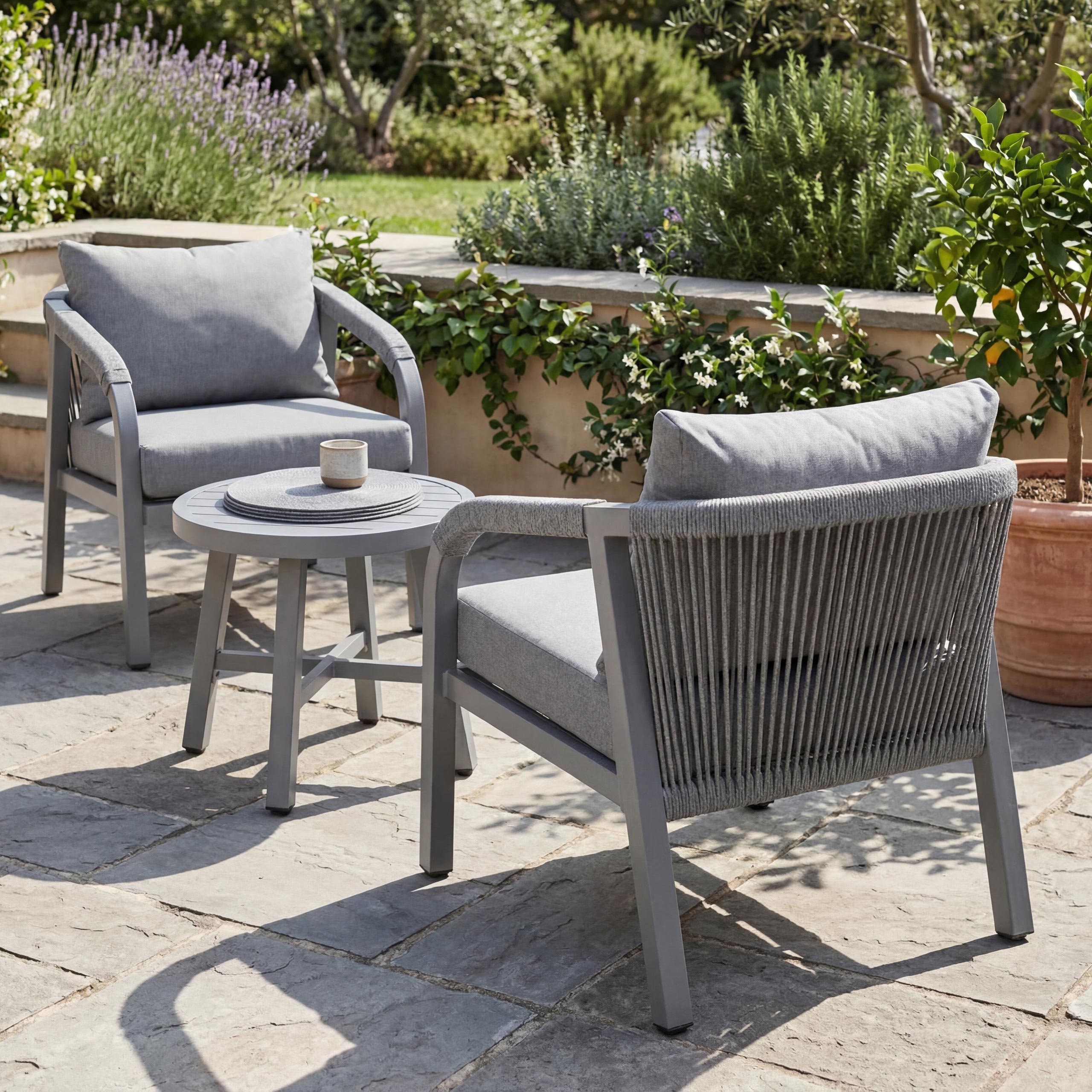 Aluminium Lounge-Set MCW-P82, Gartengarnitur Balkon-Set Stuhl Tisch, Stoff/Textil (220g/m&sup2;) ~ hellgrau 