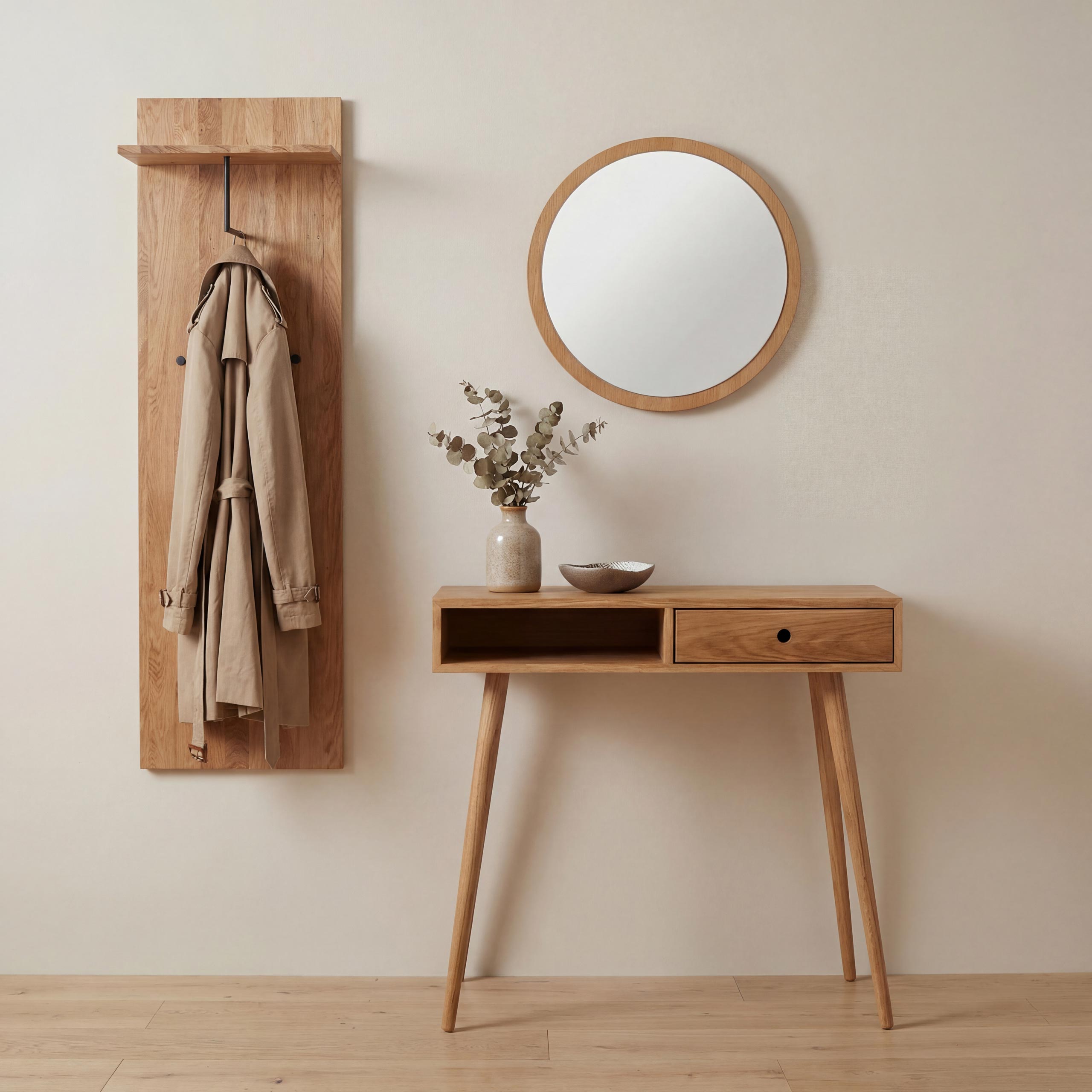 MCA Garderobenset MCW-P55, Konsolentisch Garderobenpaneel Spiegel, Massiv-Holz Ablagefl&auml;che Schublade Haken, Eiche 