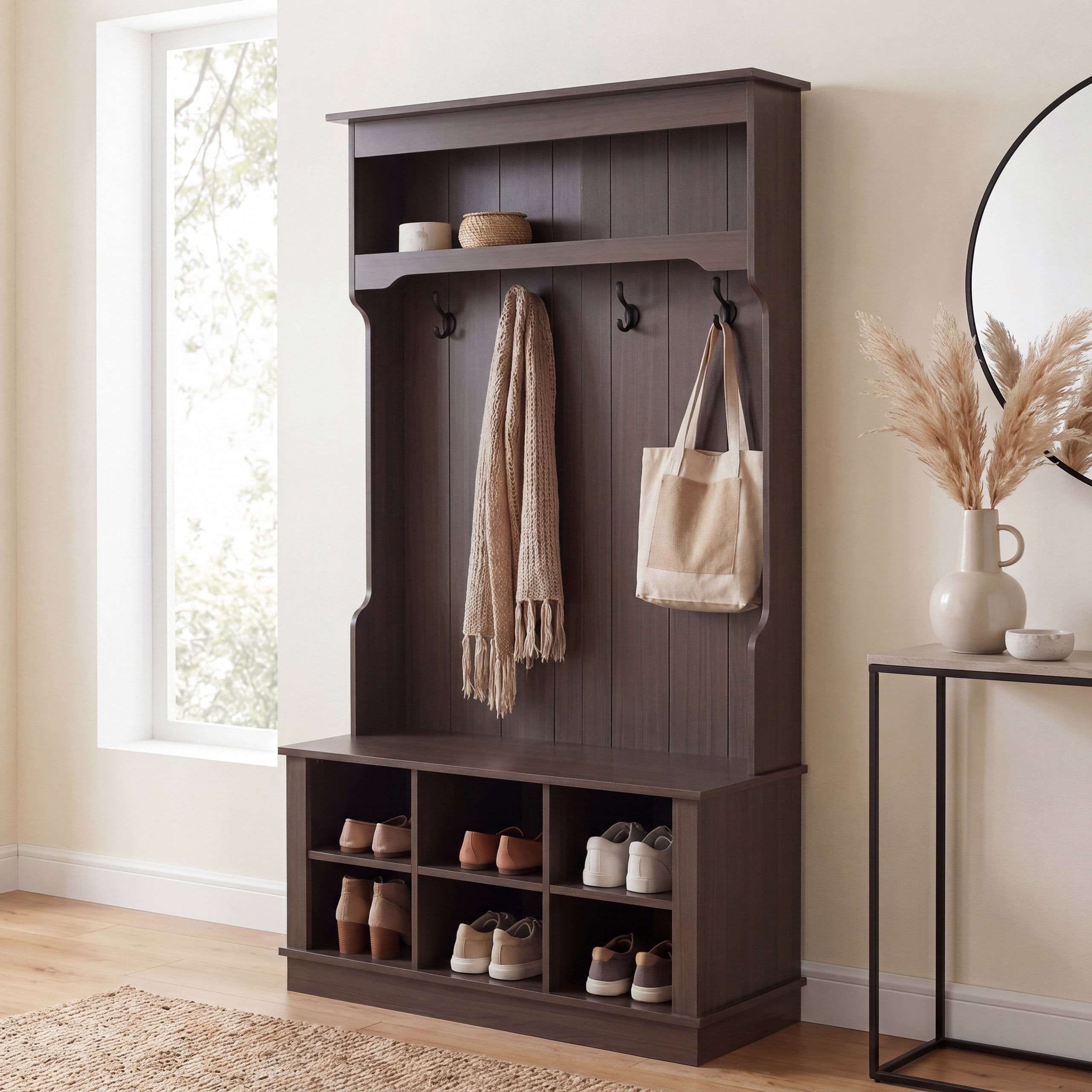 Garderobe MCW-P26, Flurgarderobe Holzgarderobe Sitzbank, 4 Haken Staufach Ablage Melamin 170x100x39cm ~ Walnuss-Optik 