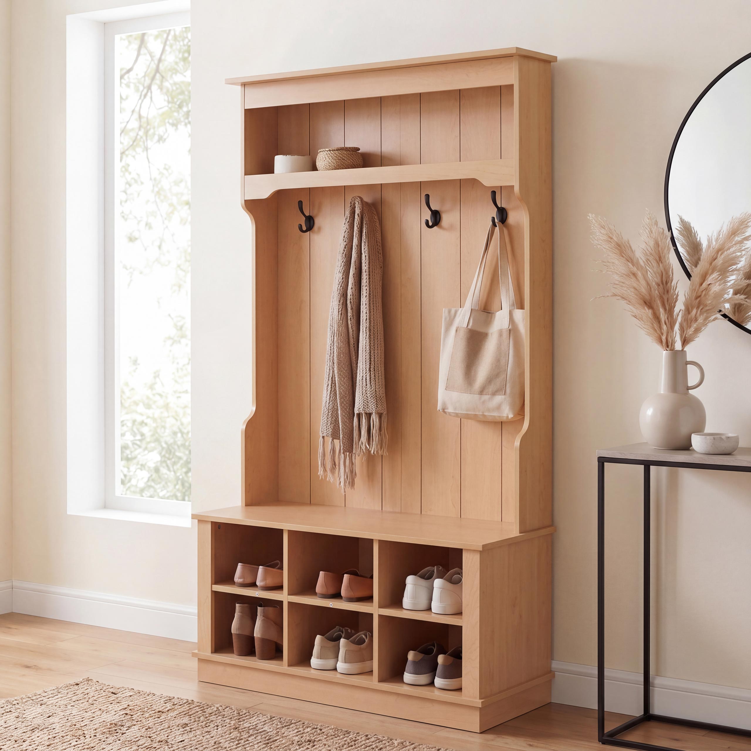 Garderobe MCW-P26, Flurgarderobe Holzgarderobe Sitzbank, 4 Haken Staufach Ablage Melamin 170x100x39cm ~ natur 