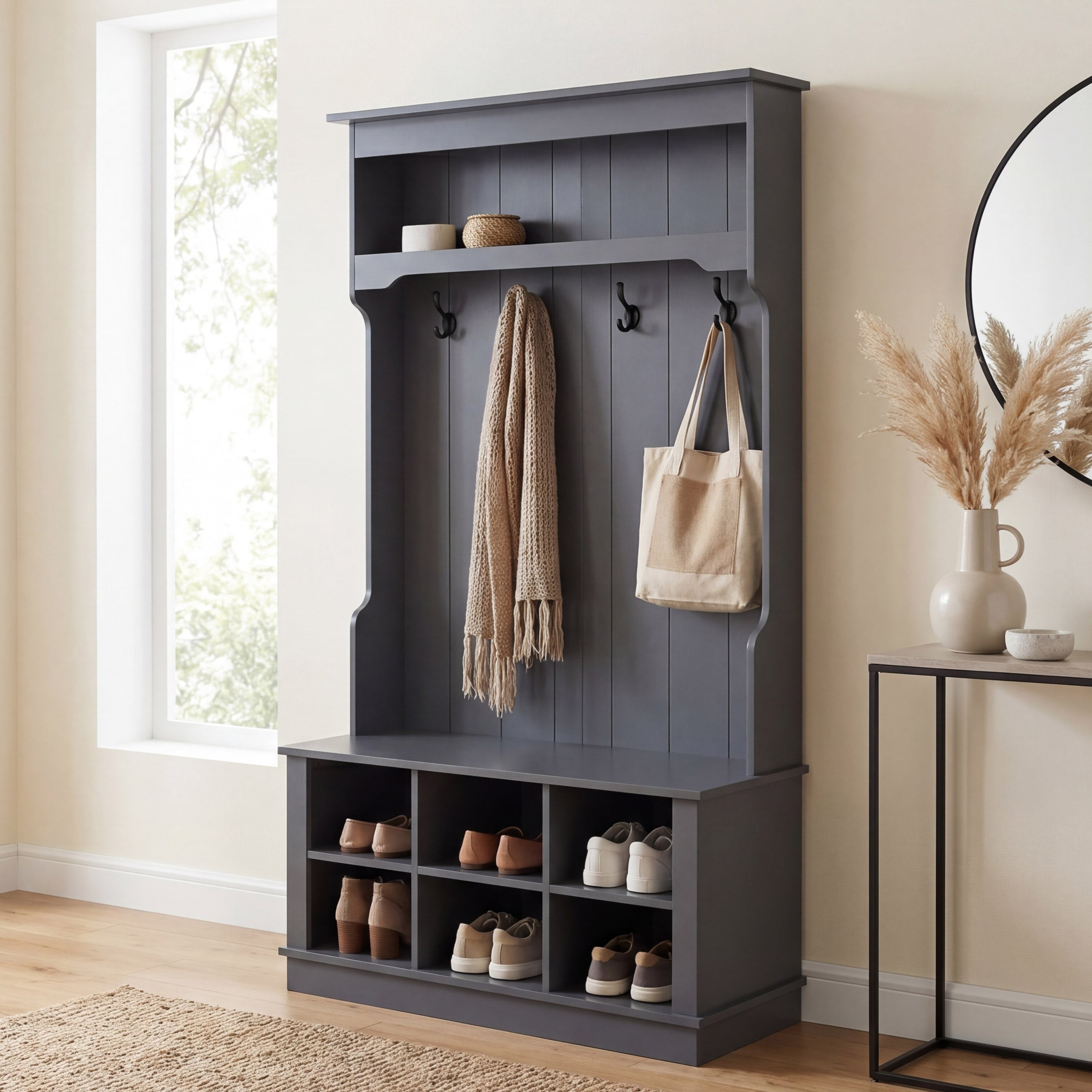 Garderobe MCW-P26, Flurgarderobe Holzgarderobe Sitzbank, 4 Haken Staufach Ablage Melamin 170x100x39cm ~ dunkelgrau 