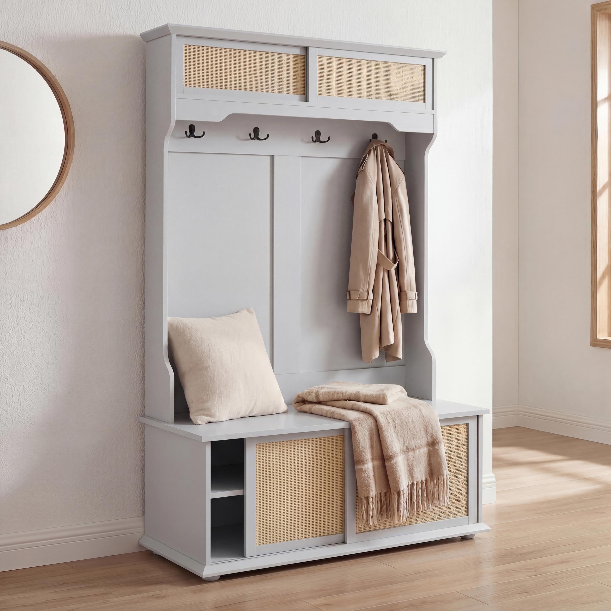 Garderobe MCW-P25, Flurgarderobe Holzgarderobe, Melamin Kubu Rattan 163x100x47cm ~ hellgrau 