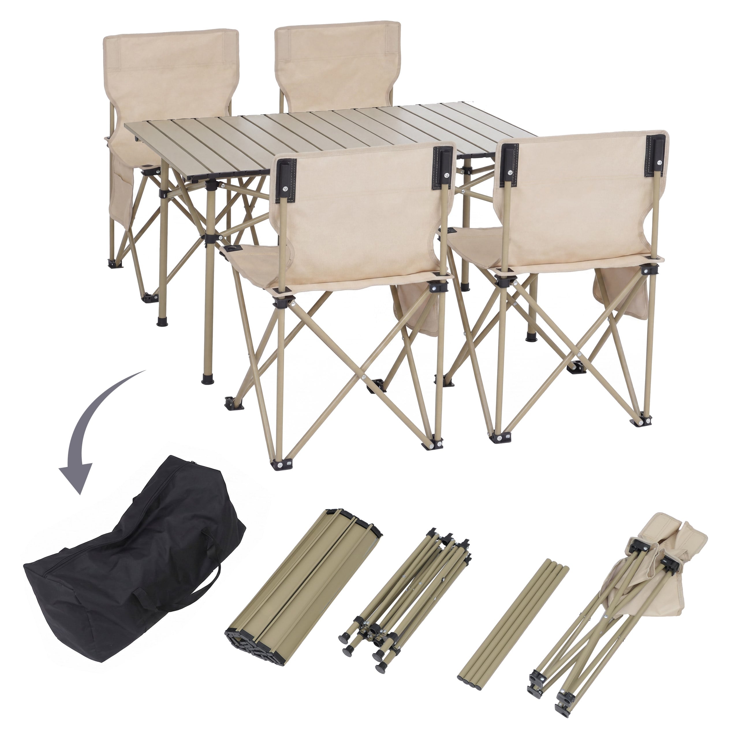 Campingset MCW-Q39, Tisch 4x Stuhl Klappstuhl Anglerstuhl faltbar, Metall Stoff ~ creme 