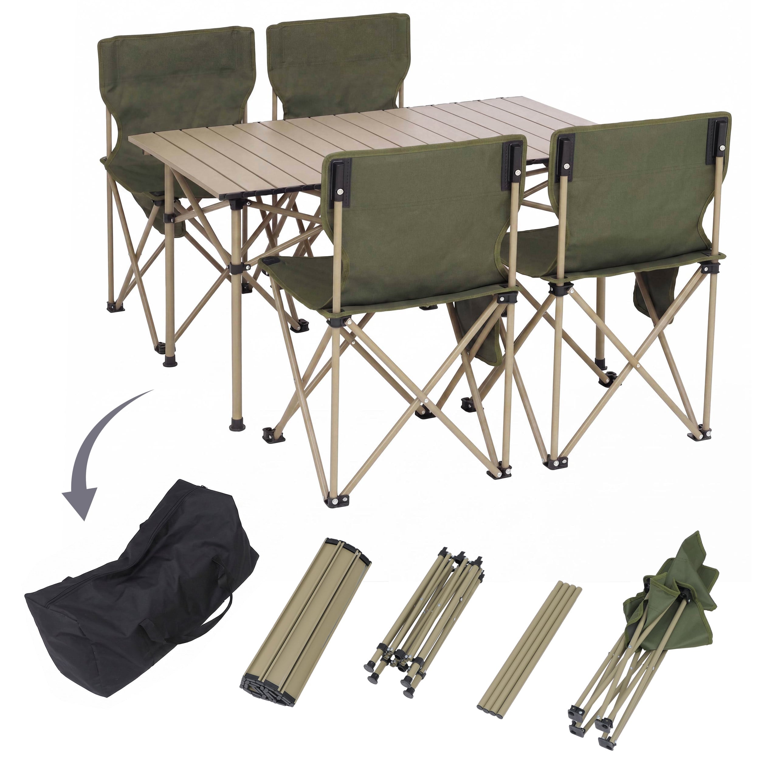 Campingset MCW-Q39, Tisch 4x Stuhl Klappstuhl Anglerstuhl faltbar, Metall Stoff ~ gr&uuml;n 