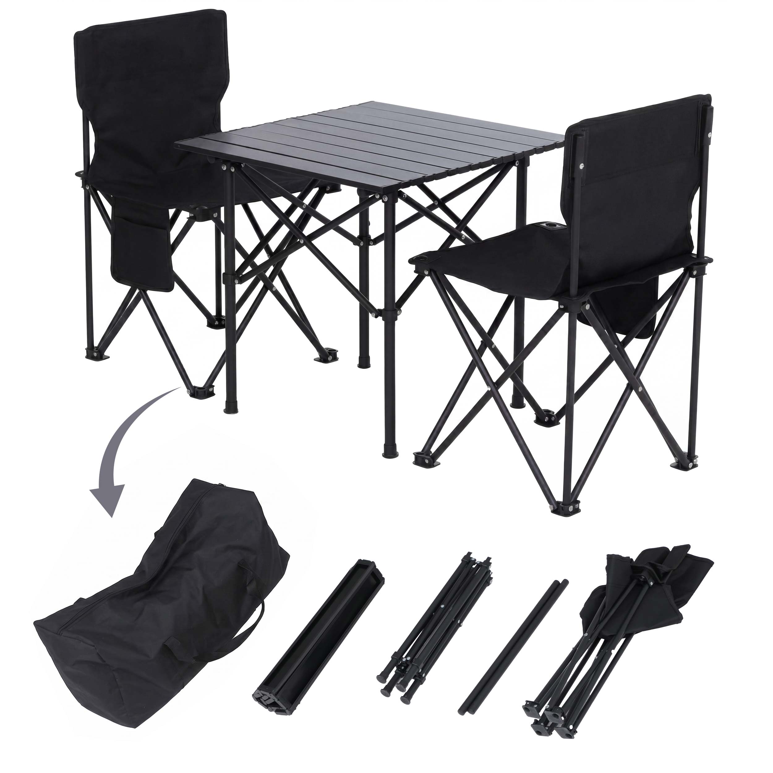 Campingset MCW-Q39, Tisch 2x Stuhl Klappstuhl Anglerstuhl faltbar, Metall Stoff ~ schwarz 