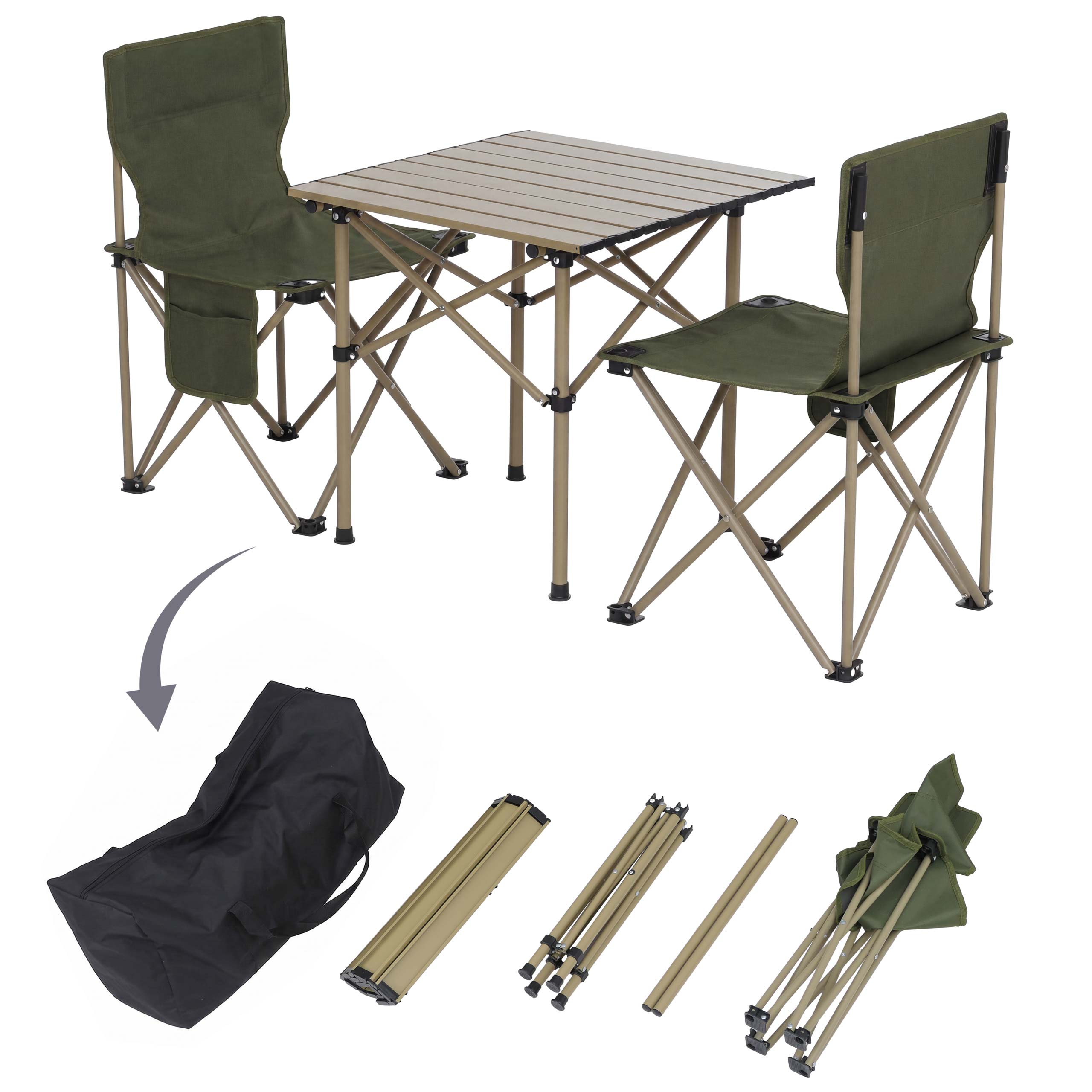 Campingset MCW-Q39, Tisch 2x Stuhl Klappstuhl Anglerstuhl faltbar, Metall Stoff ~ gr&uuml;n 