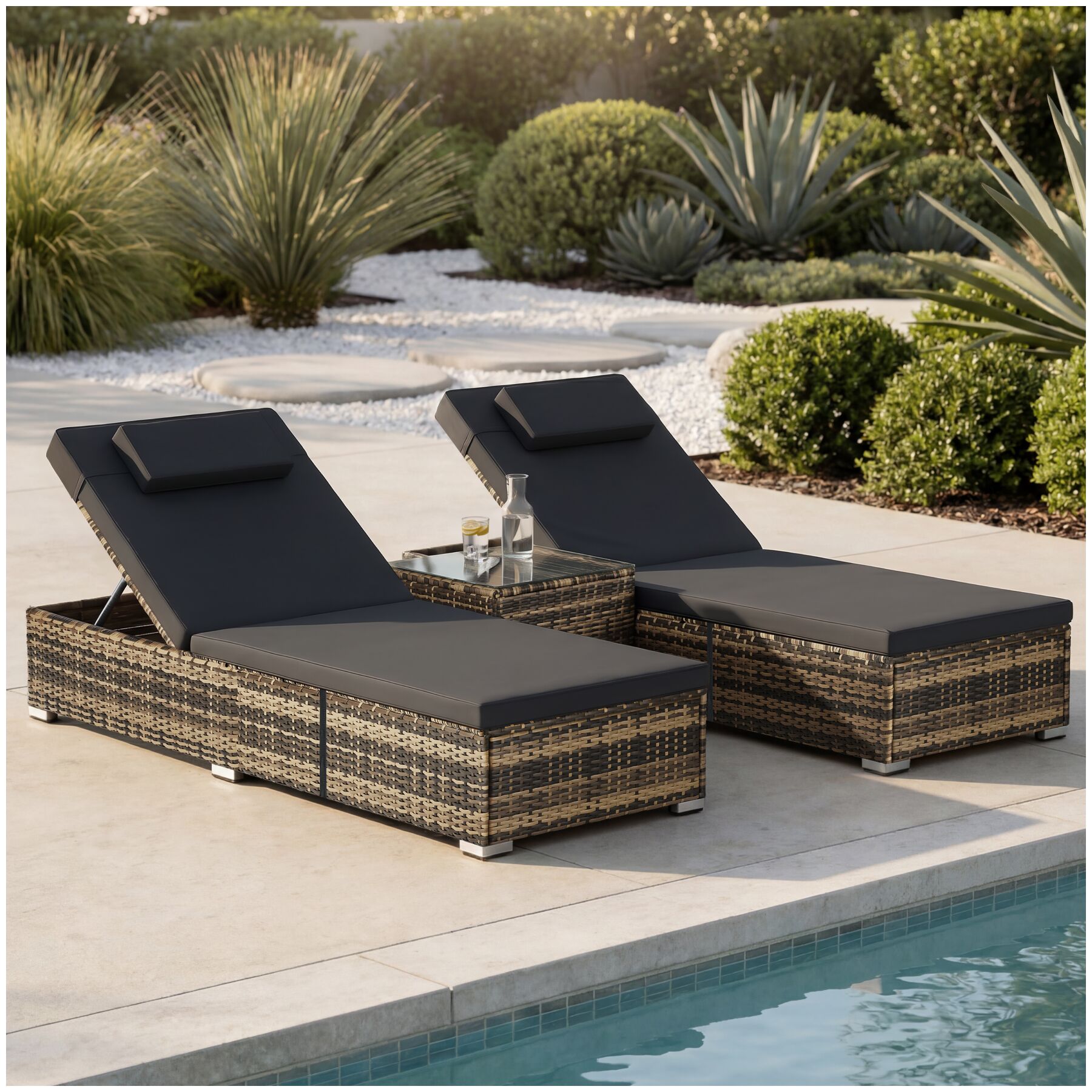 tectake&reg; Rattan-Doppelliege, wetterfest und UV-best&auml;ndig, Tisch mit Sicherheitsglasplatte, Belastbarkeit je 200 kg 
