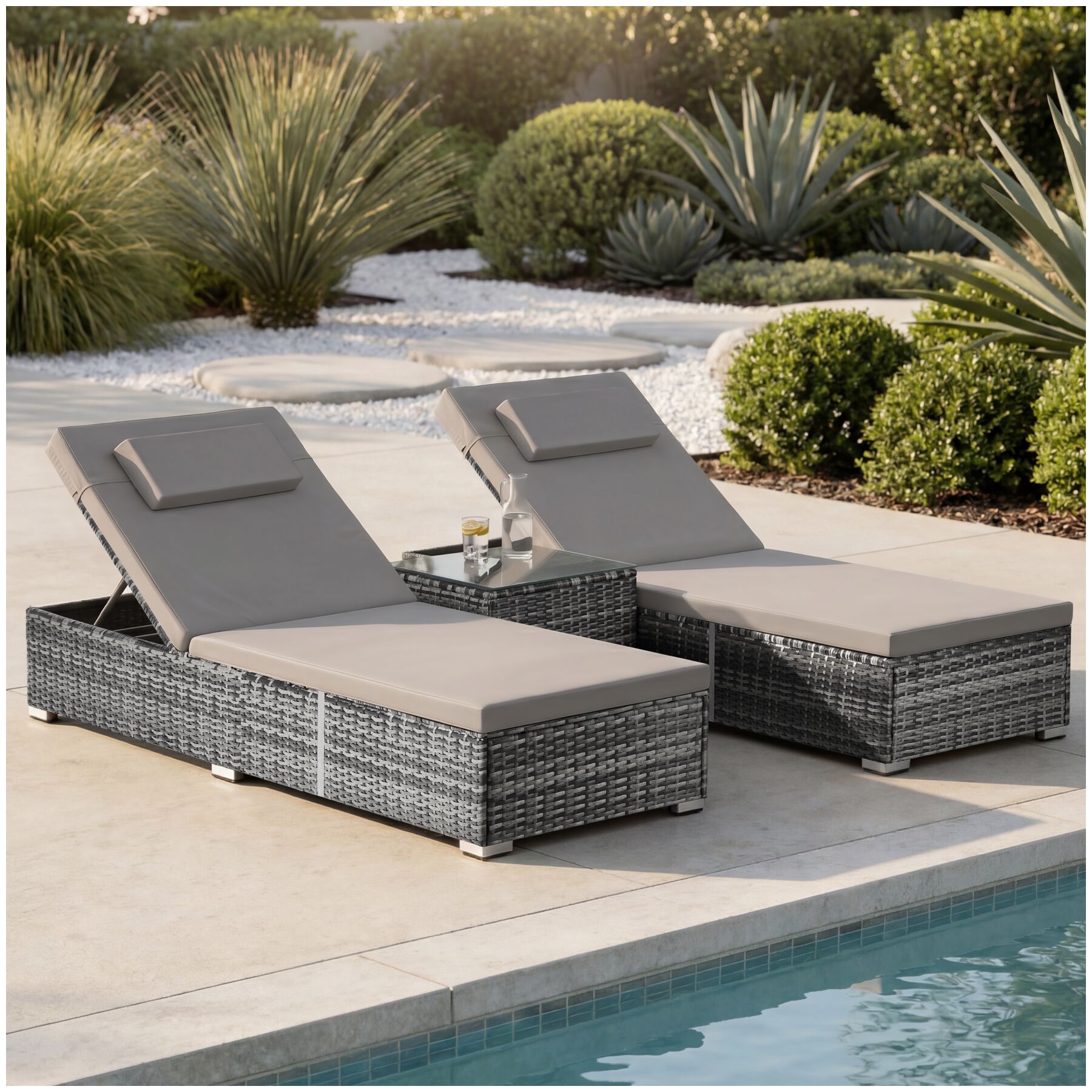 tectake&reg; Rattan-Doppelliege, wetterfest und UV-best&auml;ndig, Tisch mit Sicherheitsglasplatte, Belastbarkeit je 200 kg 