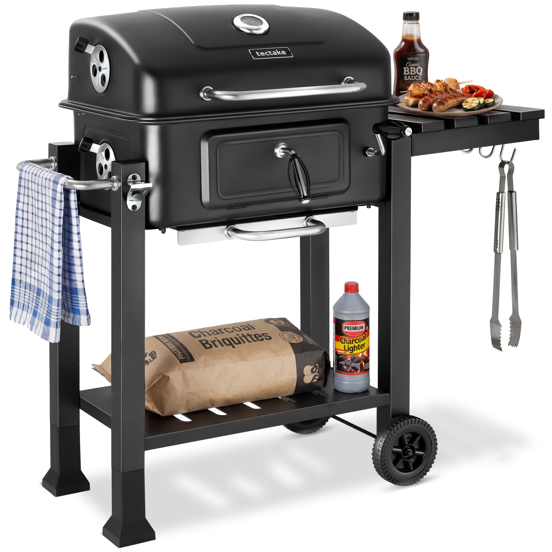 tectake&reg; Holzkohlegrill, mit 2 R&auml;dern, h&ouml;henverstellbare Holzkohlewanne mit Ascheschublade, 110 x 64 x 104 cm, untere Gitterablage 
