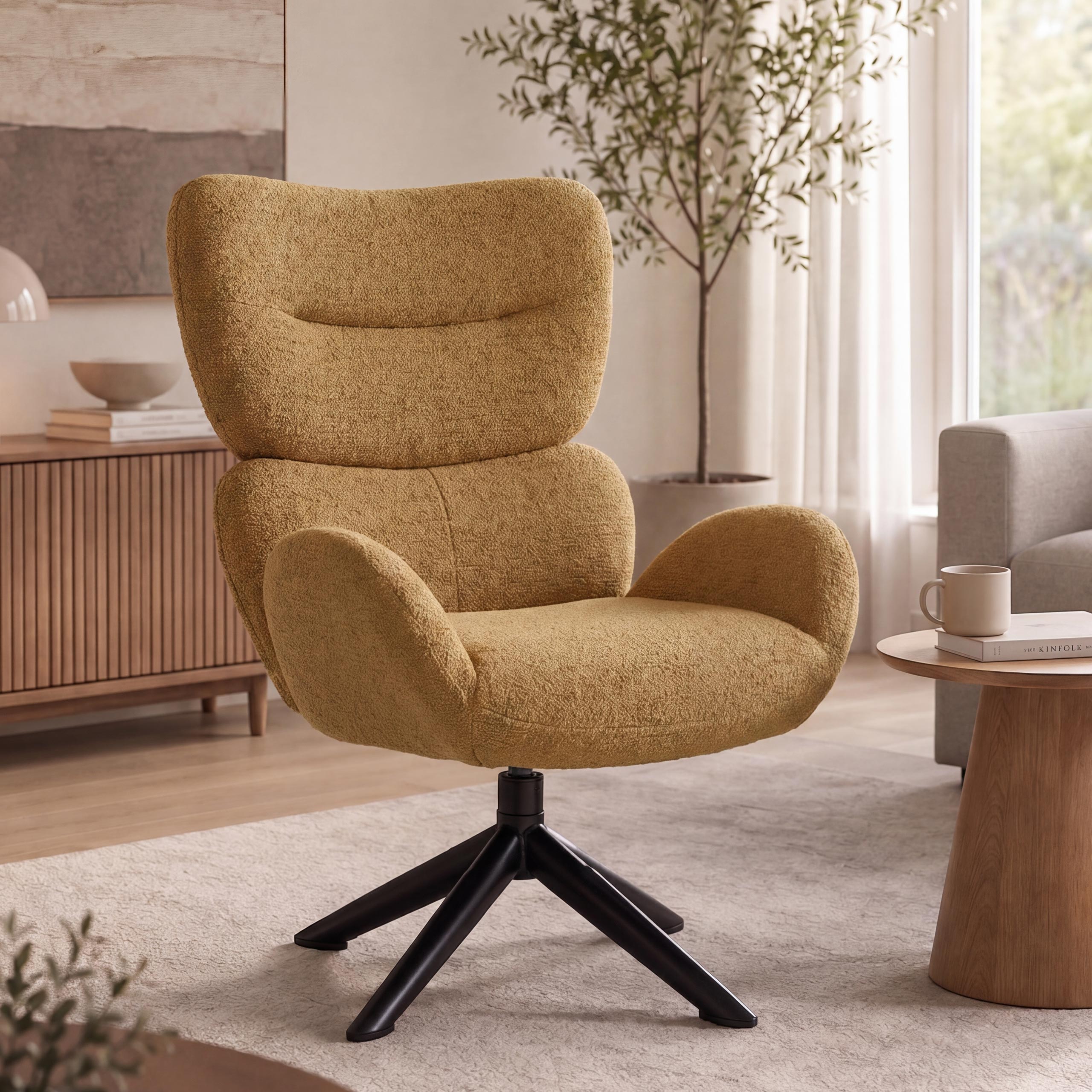 Loungestuhl MCW-Q53, Sessel Loungesessel Esszimmerstuhl, drehbar Metall Chenille (420g/m&sup2;) ~ senfgelb 