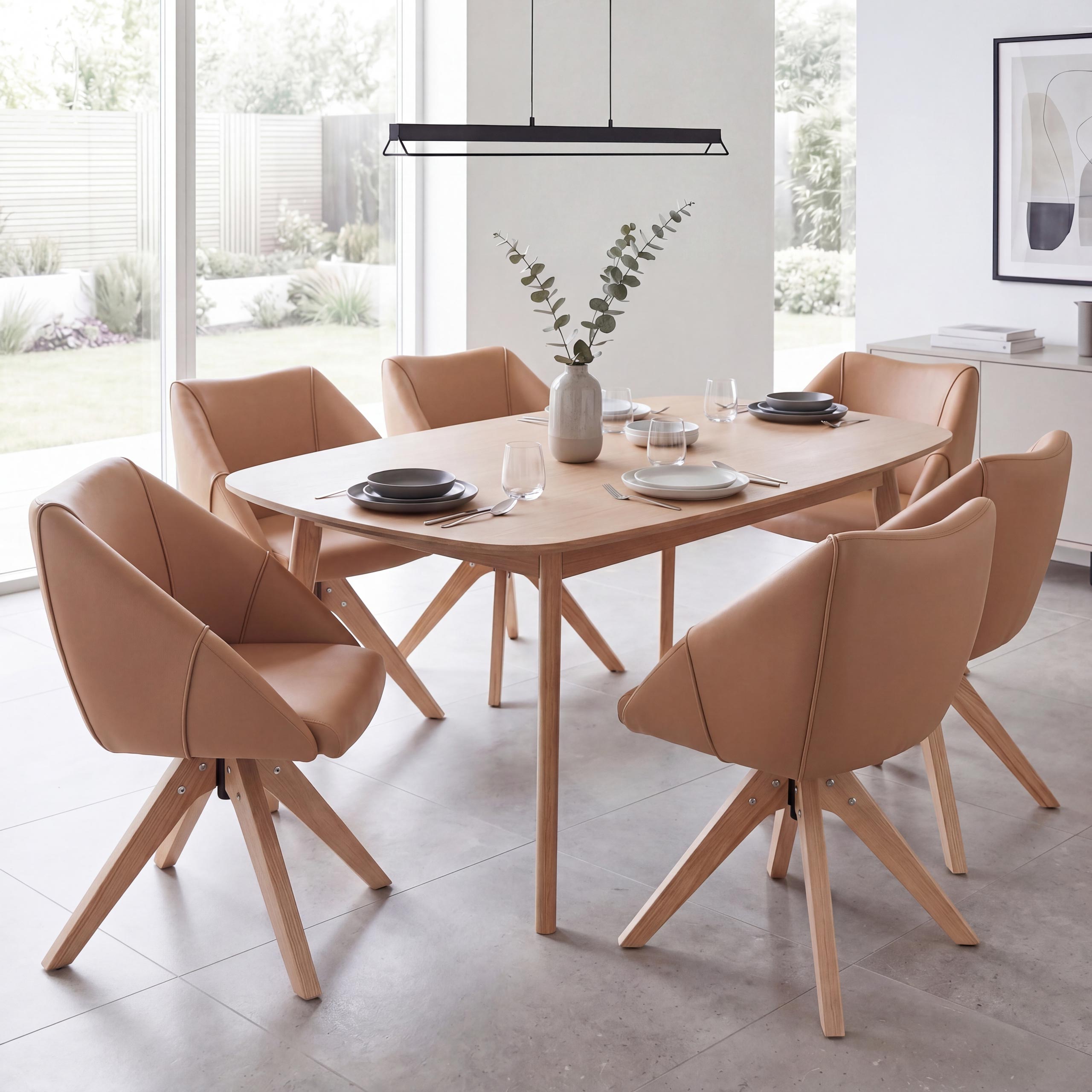 6er-Set Esszimmerstuhl MCW-Q52, K&uuml;chenstuhl Drehstuhl Polsterstuhl Esstischstuhl, drehbar Holz Kunstleder ~ hellbraun 