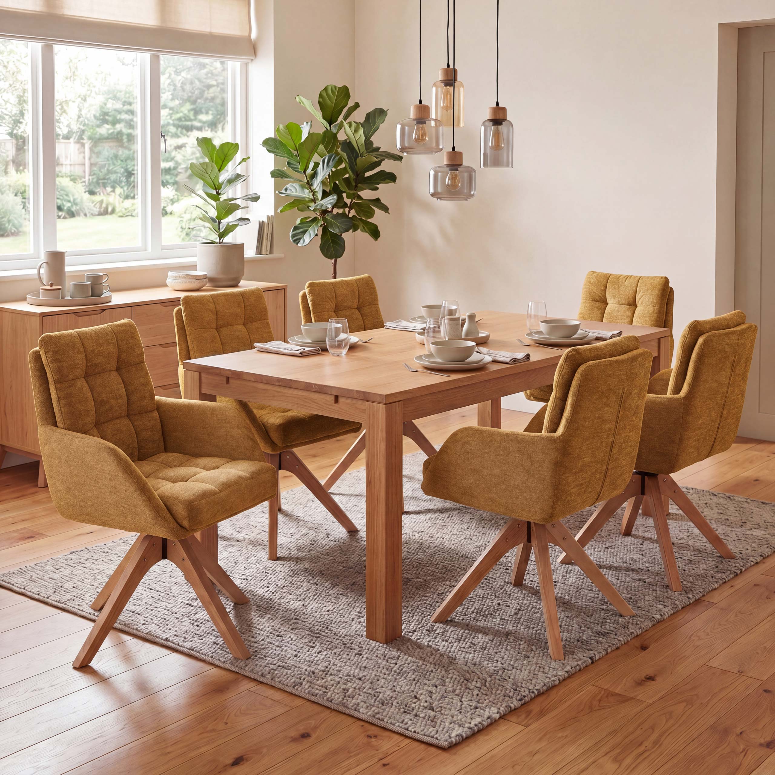 6er-Set Esszimmerstuhl MCW-Q36, K&uuml;chenstuhl Stuhl, drehbar Stoff Chenille (680g/m&sup2;) &Ouml;ko-Tex Holz MVG ~ senfgelb 