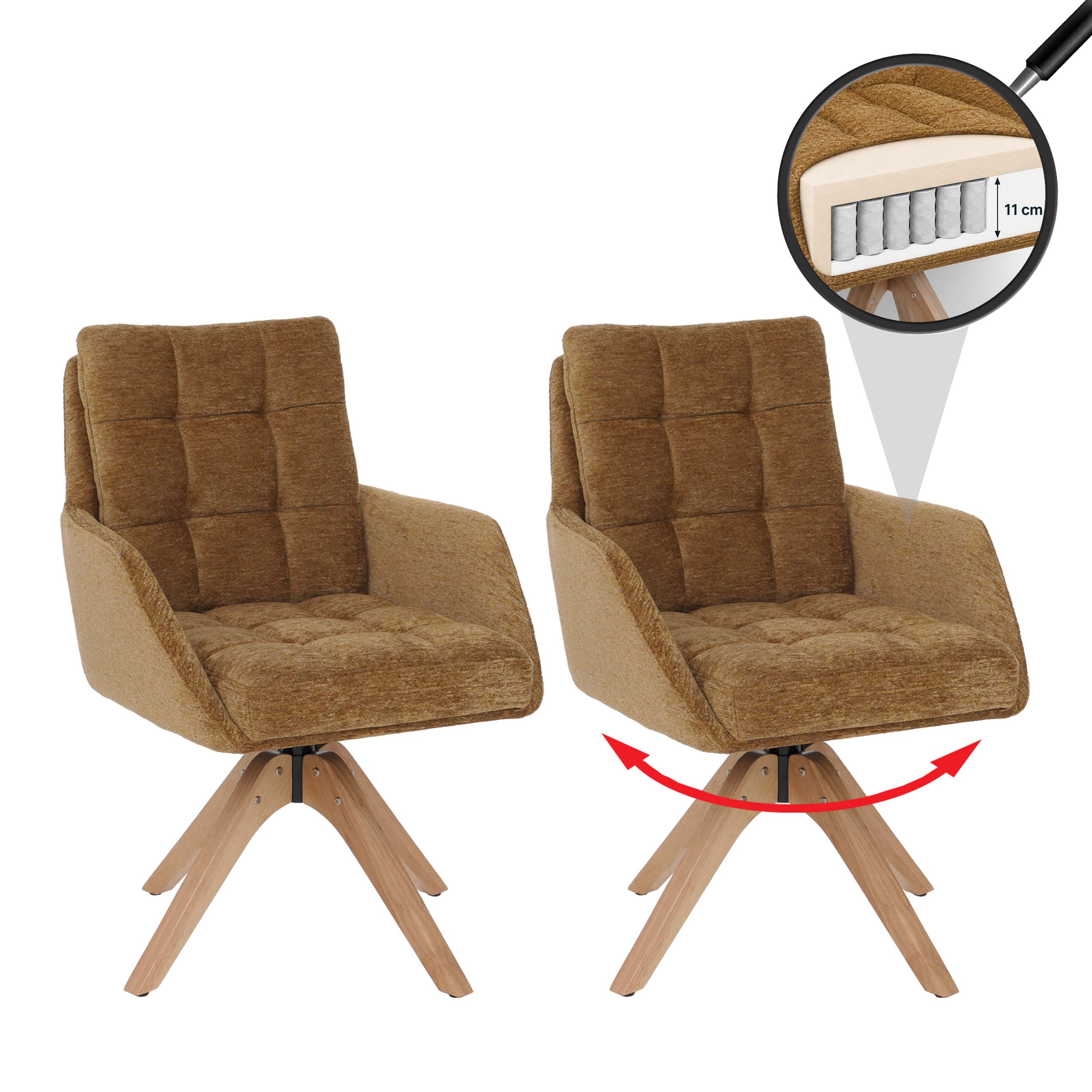 2er-Set Esszimmerstuhl MCW-Q36, K&uuml;chenstuhl Stuhl, drehbar Stoff Chenille (680g/m&sup2;) &Ouml;ko-Tex Holz MVG ~ senfgelb 
