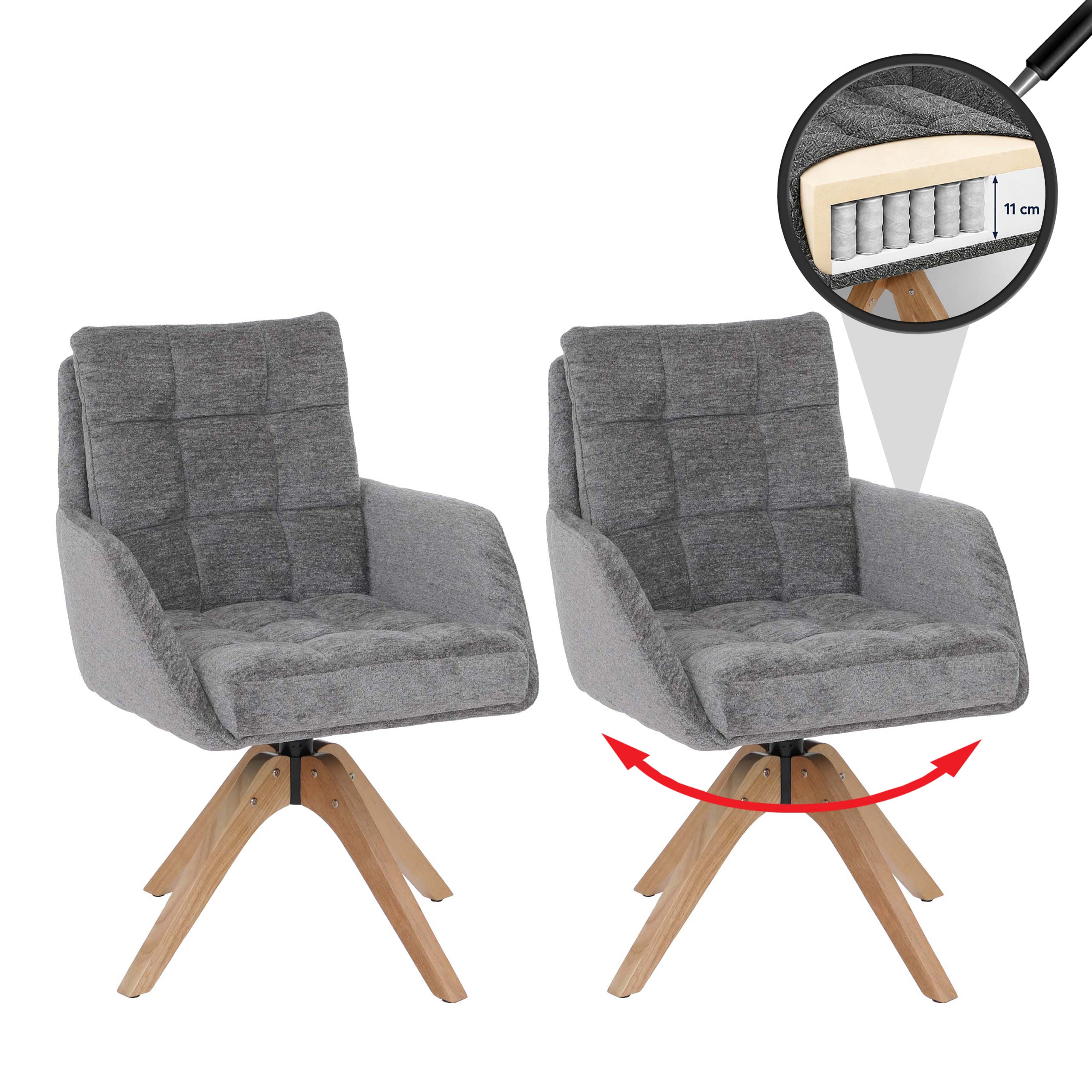 2er-Set Esszimmerstuhl MCW-Q36, K&uuml;chenstuhl Stuhl, drehbar Stoff Chenille (680g/m&sup2;) &Ouml;ko-Tex Holz MVG ~ grau 