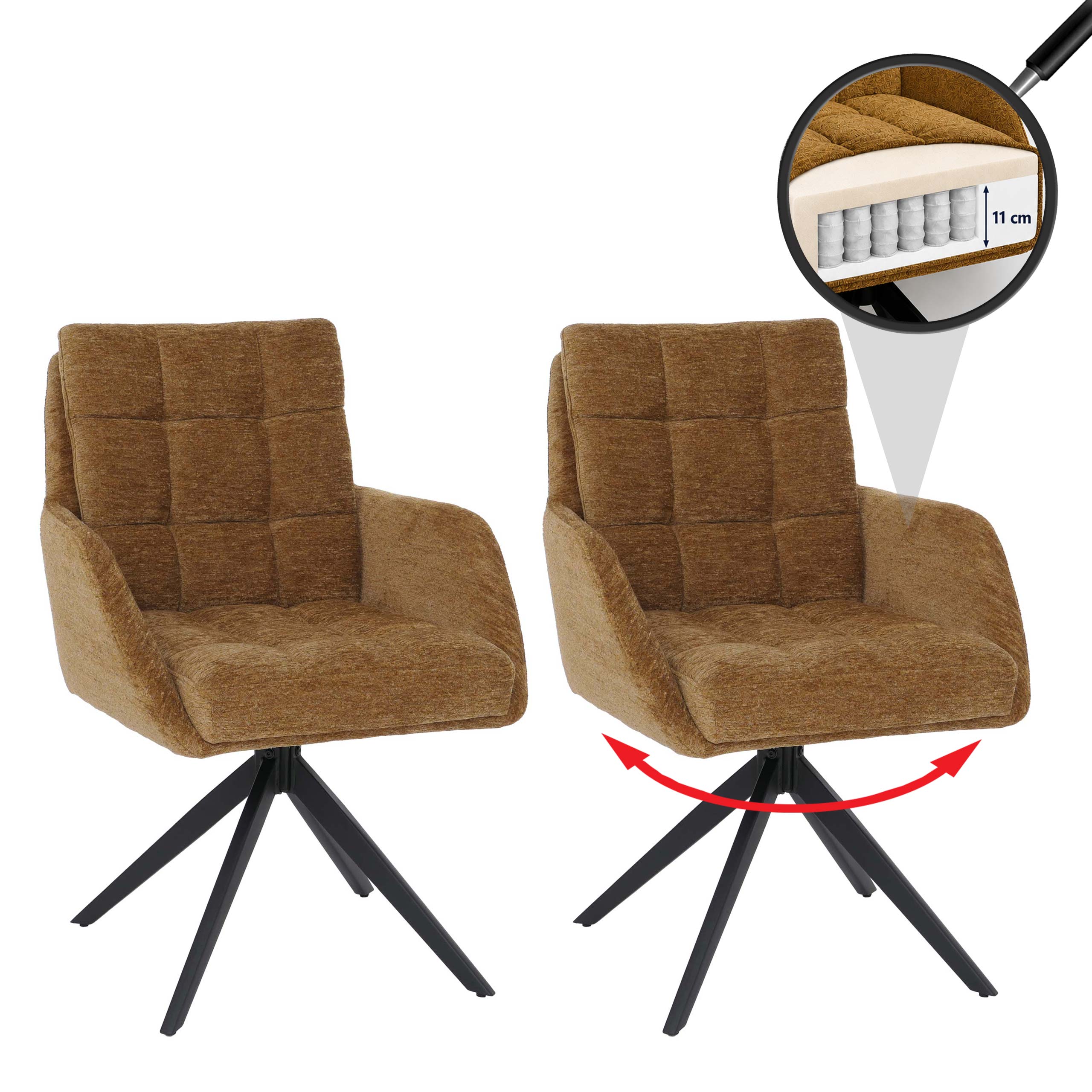 2er-Set Esszimmerstuhl MCW-Q36, K&uuml;chenstuhl drehbar Auto-Return, Stoff Chenille (680g/m&sup2;) &Ouml;ko-Tex Metall MVG ~ senfgelb 