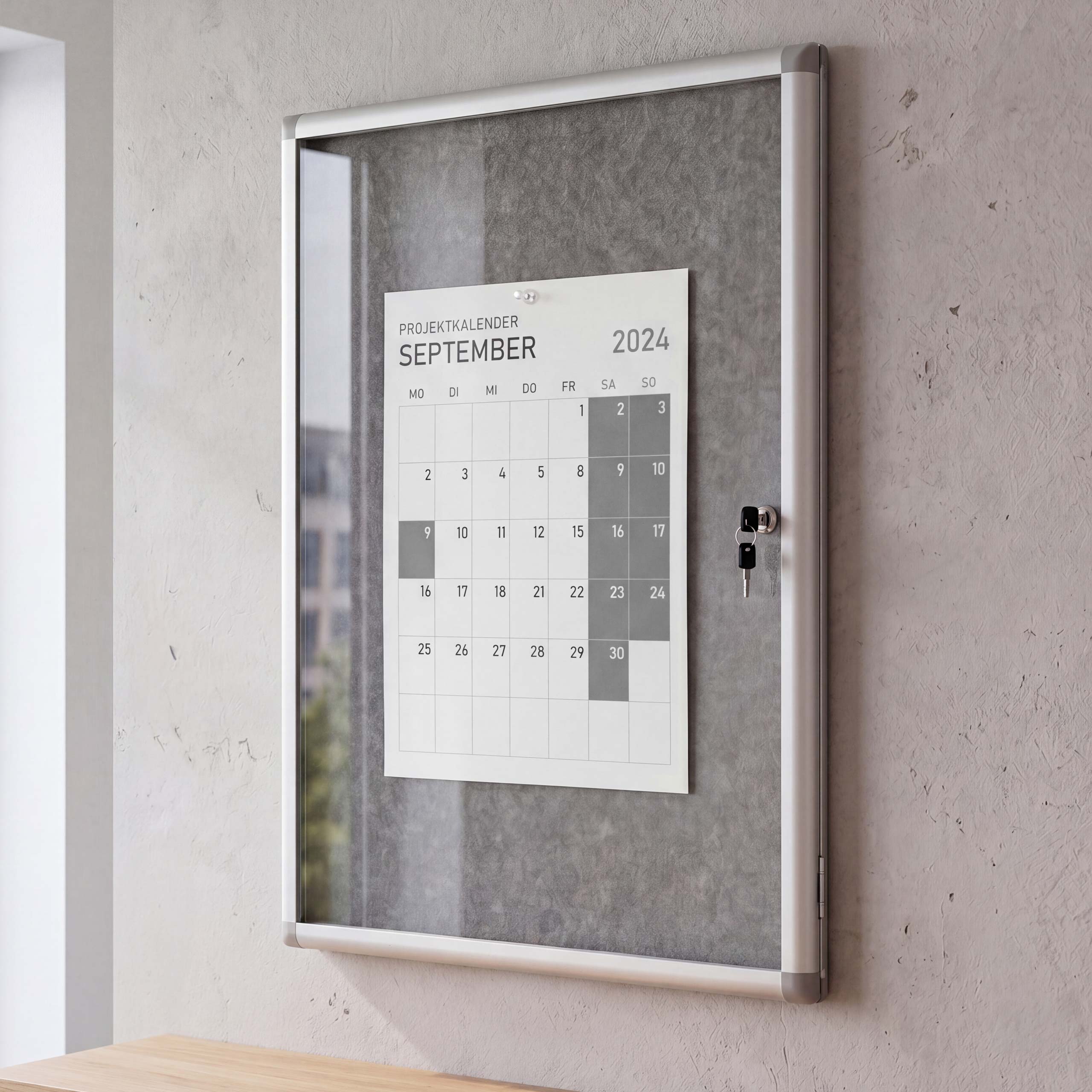 Schaukasten MCW-Q51, Memoboard Pinnwand mit Filzoberfl&auml;che, Aluminium abschlie&szlig;bar inkl. Zubeh&ouml;r 95x68x7cm ~ grau 