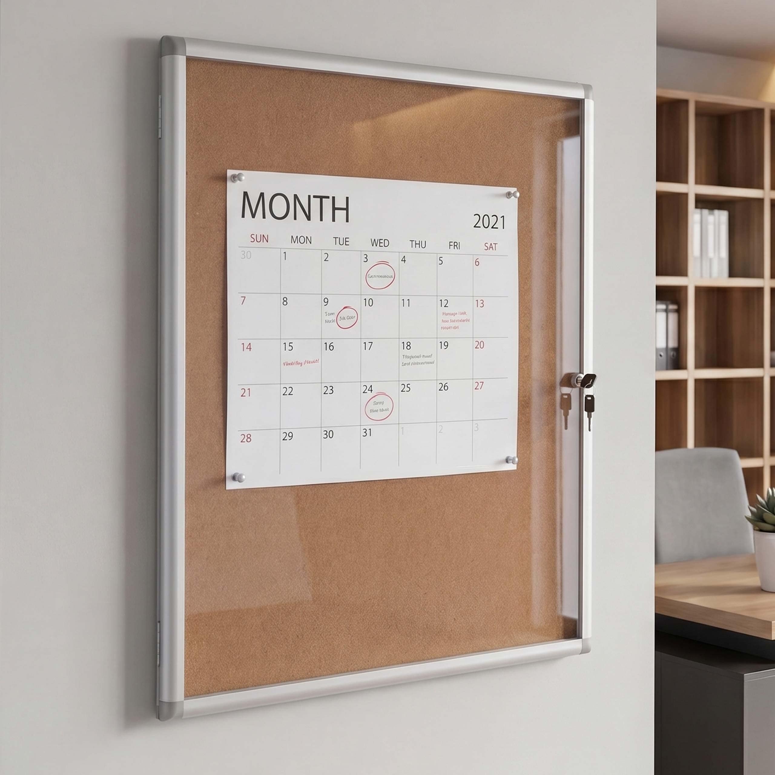 Schaukasten MCW-Q51, Memoboard Pinnwand mit Korkoberfl&auml;che, Aluminium abschlie&szlig;bar inkl. Zubeh&ouml;r 95x68x7cm 