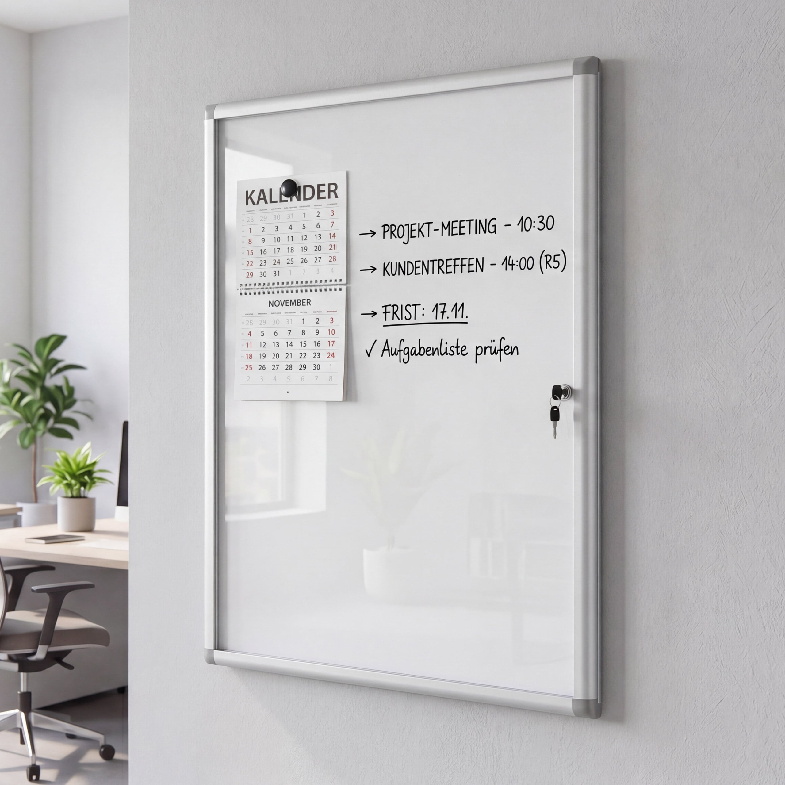 Schaukasten MCW-Q51, Magnettafel Whiteboard Memoboard Pinnwand, Aluminium abschlie&szlig;bar inkl. Zubeh&ouml;r 95x68x7cm 