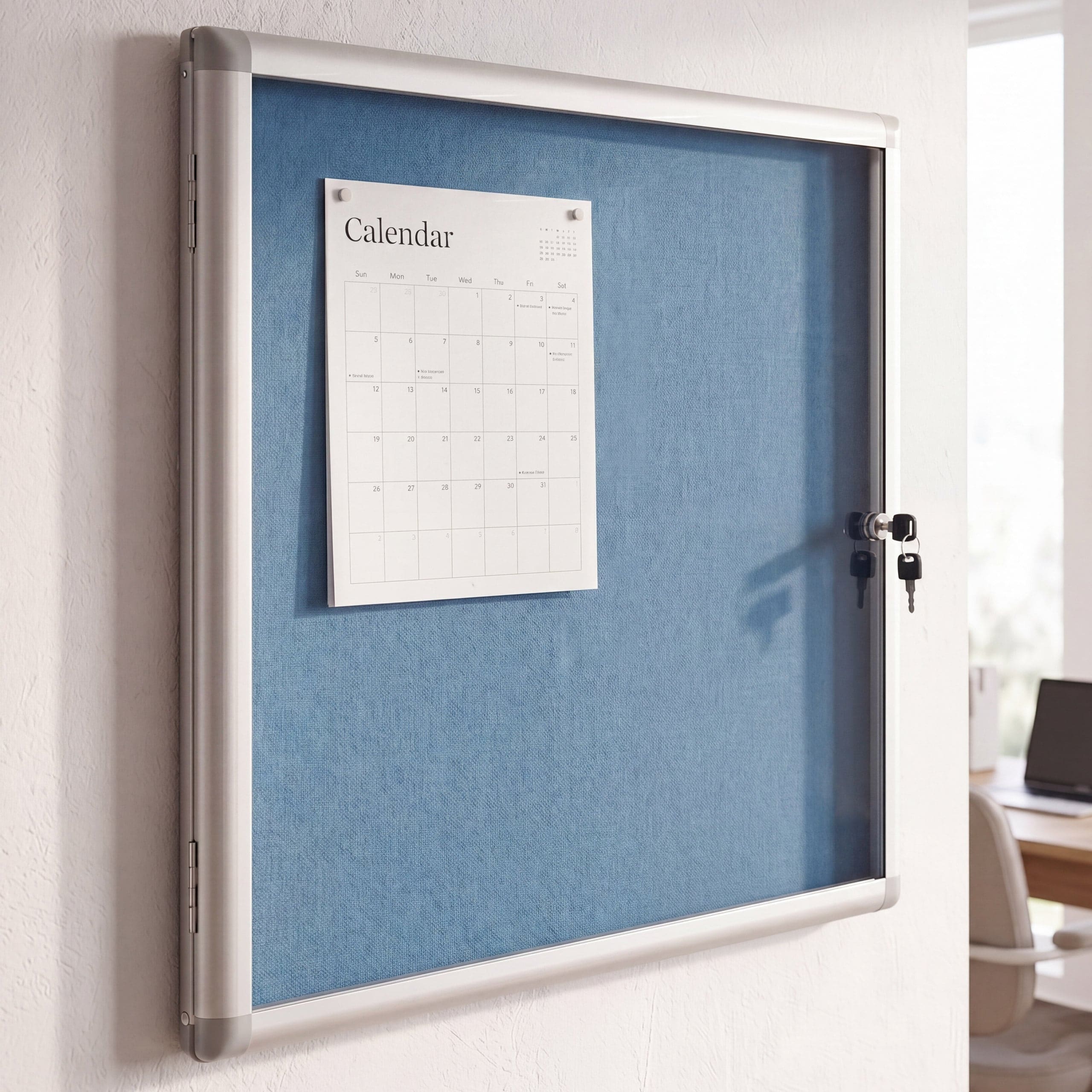 Schaukasten MCW-Q51, Memoboard Pinnwand mit Filzoberfl&auml;che, Aluminium abschlie&szlig;bar inkl. Zubeh&ouml;r 65x68x7cm ~ blau 