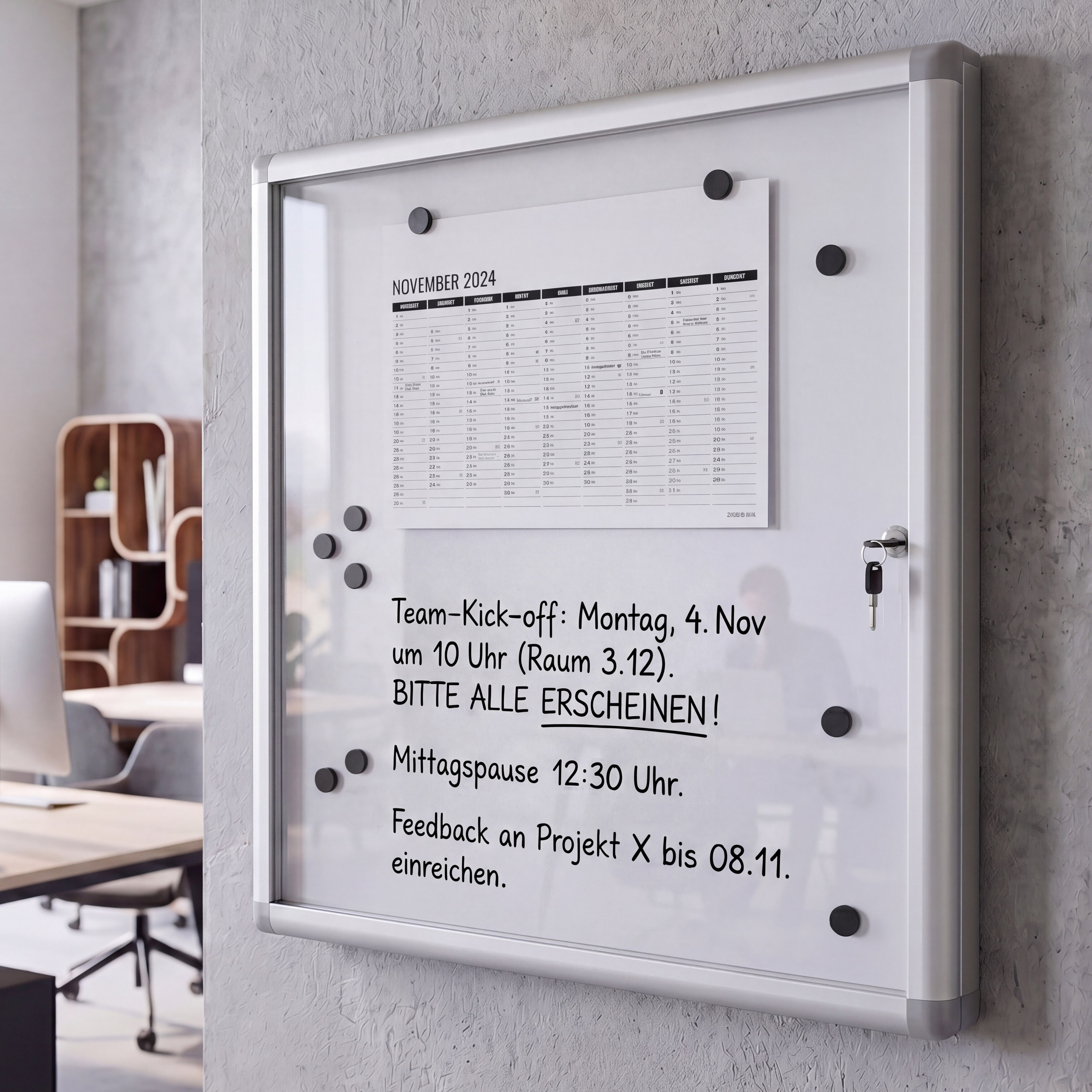 Schaukasten MCW-Q51, Magnettafel Whiteboard Memoboard Pinnwand, Aluminium abschlie&szlig;bar inkl. Zubeh&ouml;r 65x68x7cm 