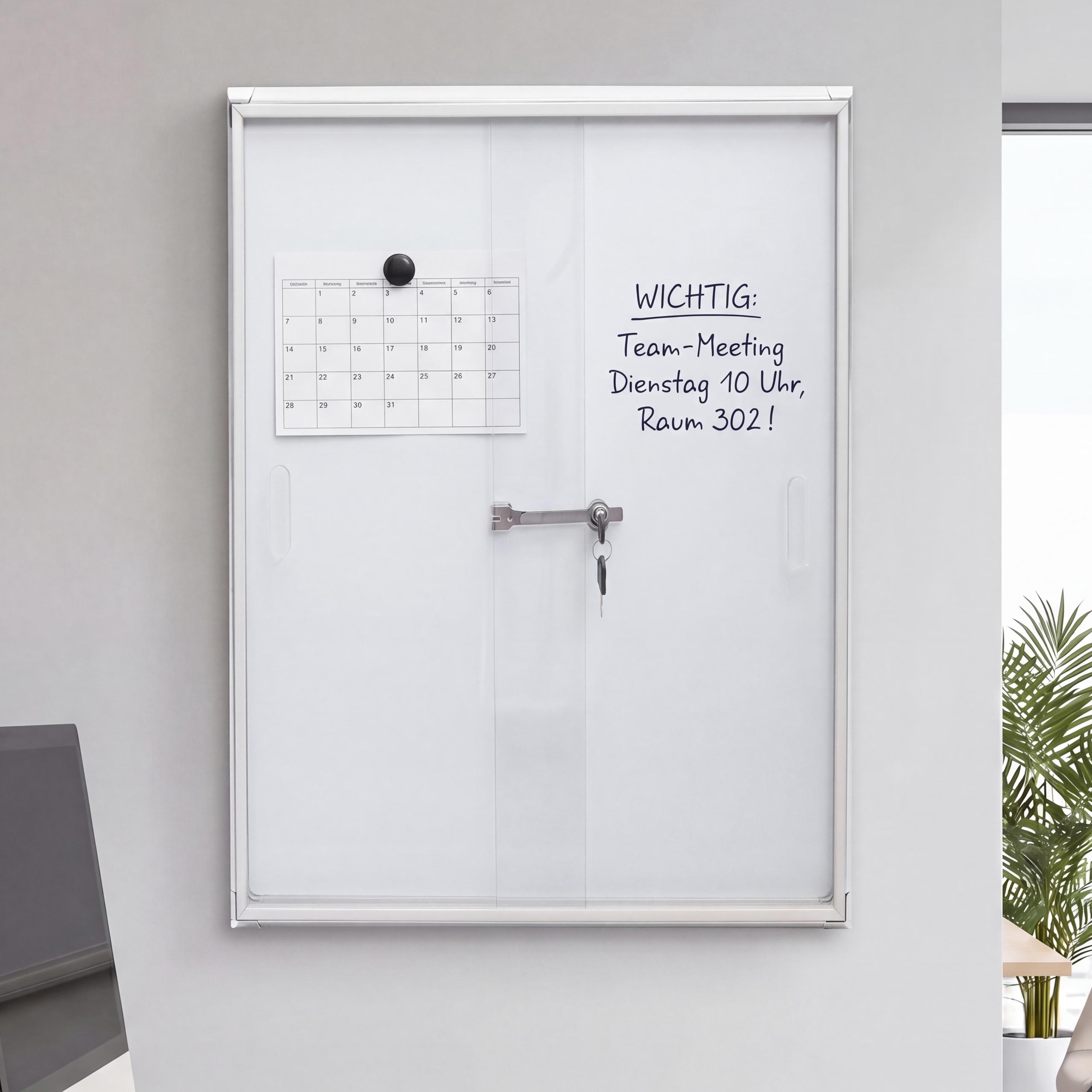 Schaukasten MCW-Q50, Magnettafel Whiteboard Memoboard Pinnwand, Aluminium abschlie&szlig;bar inkl. Zubeh&ouml;r 96x66x9cm 