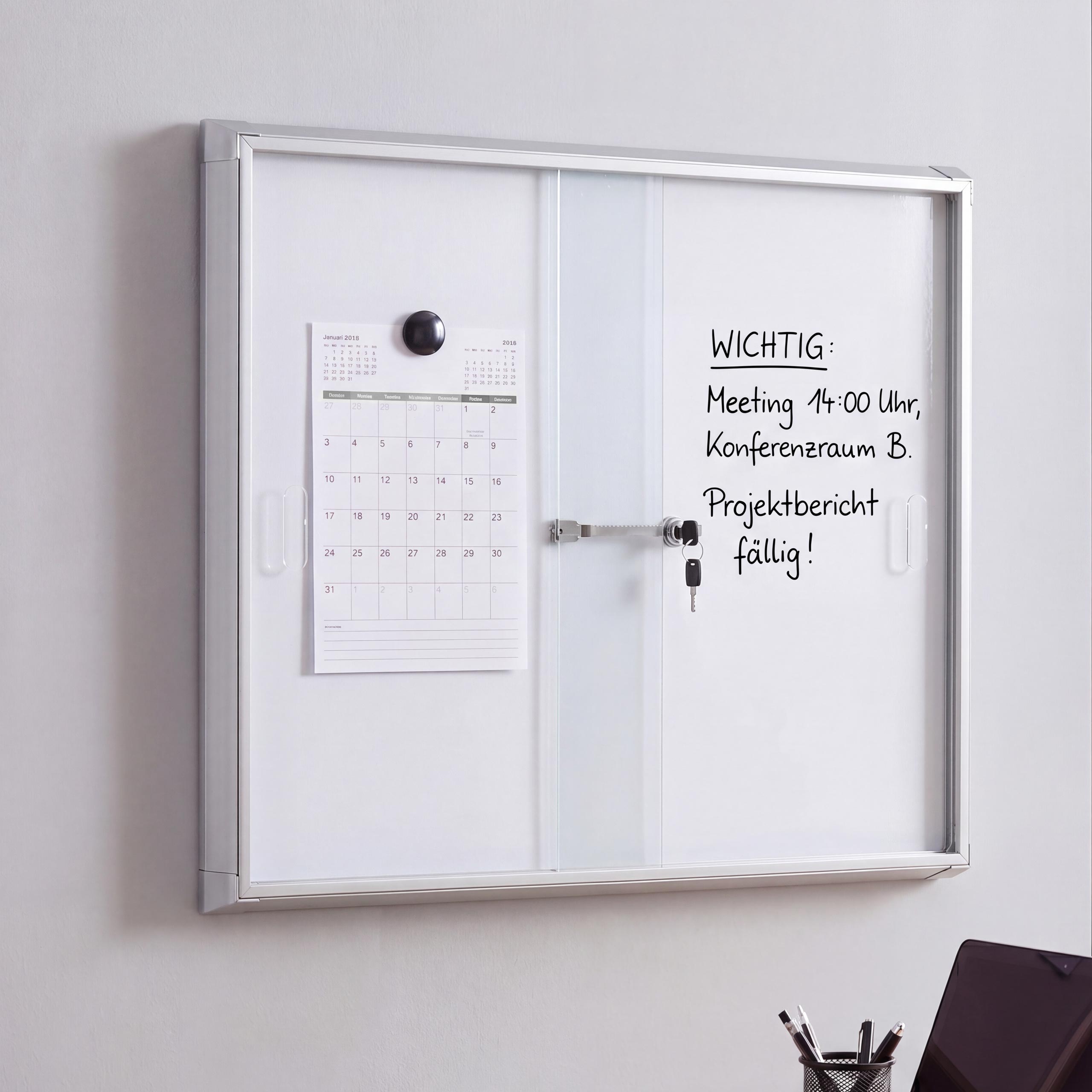Schaukasten MCW-Q50, Magnettafel Whiteboard Memoboard Pinnwand, Aluminium abschlie&szlig;bar inkl. Zubeh&ouml;r 67x68x9cm 