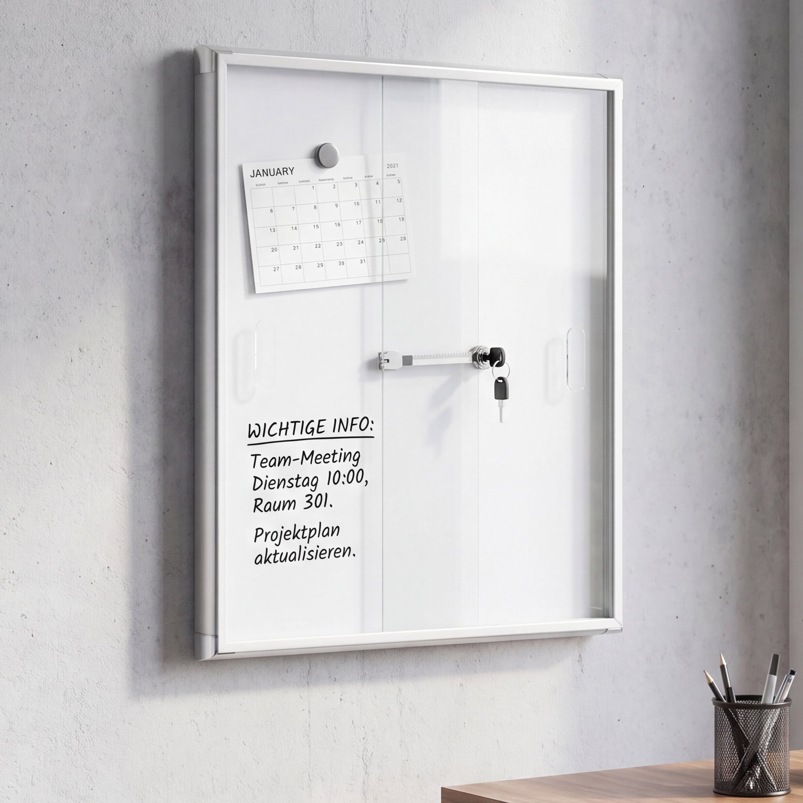 Schaukasten MCW-Q50, Magnettafel Whiteboard Memoboard Pinnwand, Aluminium abschlie&szlig;bar inkl. Zubeh&ouml;r 66x47x9cm 