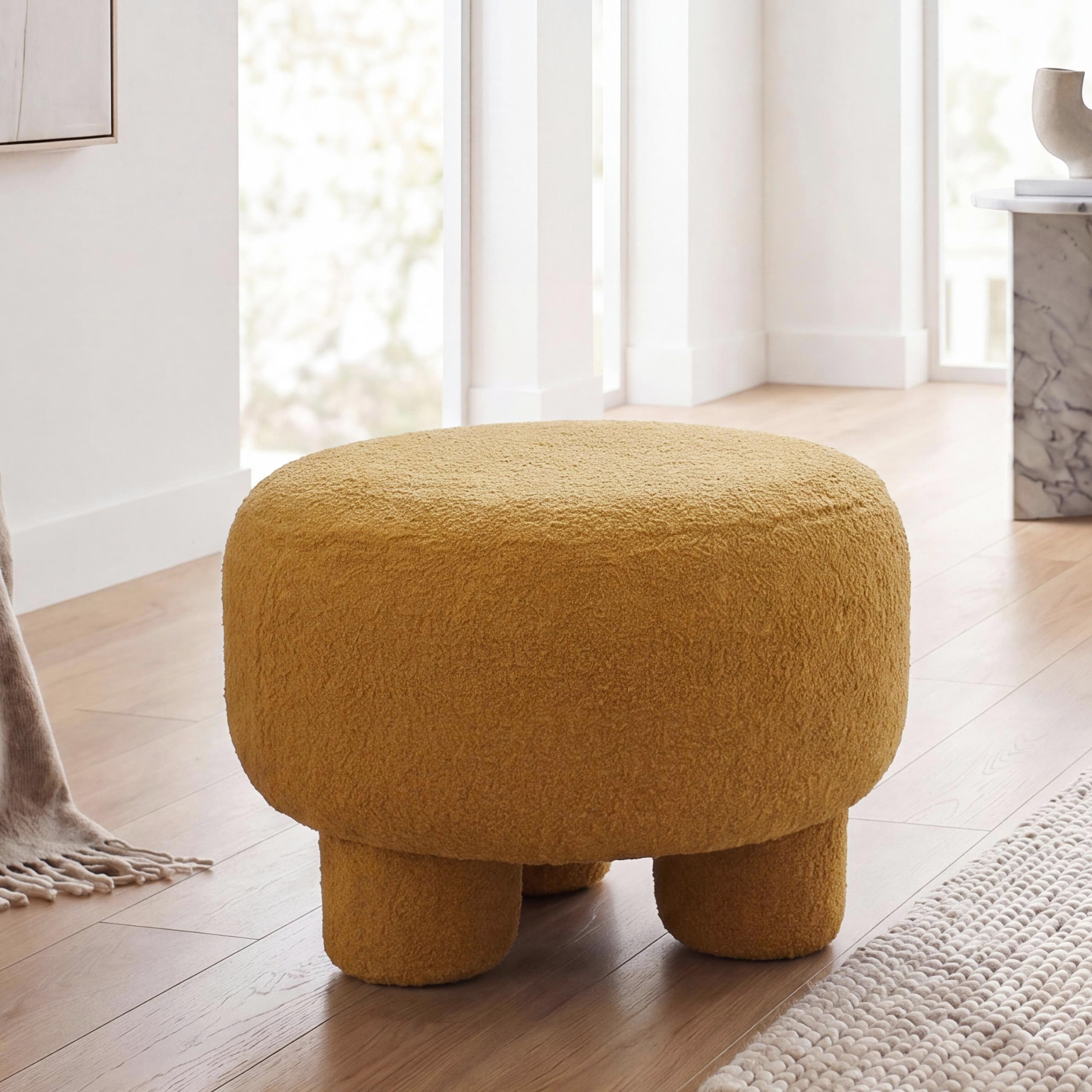Hocker MCW-Q49, Sitzhocker Ottomane Polsterhocker Pouf, Stoff/Textil Boucl&eacute; (200g/m&sup2;) 55cm ~ senfgelb 