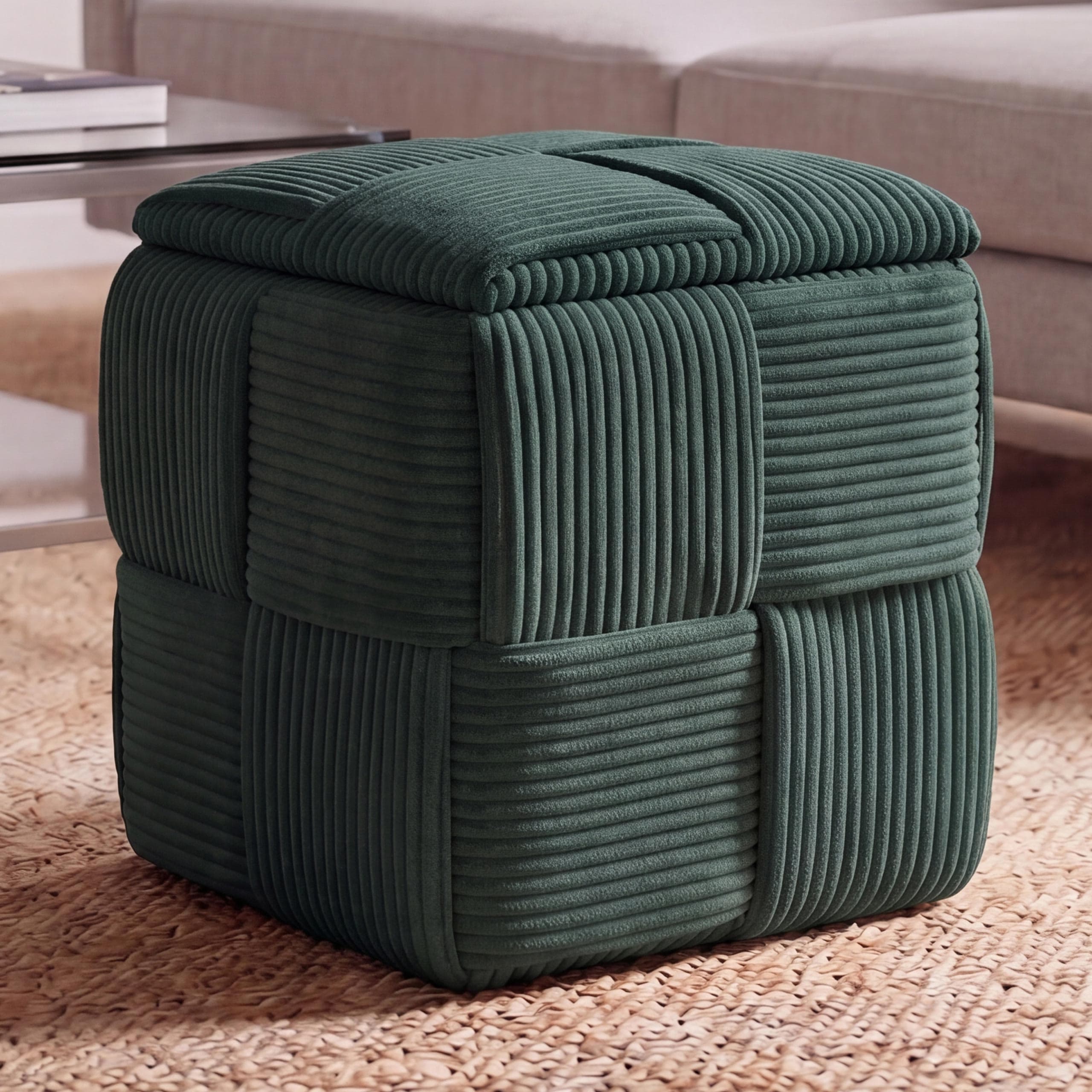 Hocker MCW-Q47, Sitzhocker Ottomane Polsterhocker Pouf, Deckel Staufach Stoff Cord (260g/m&sup2;) 43x40x40cm 