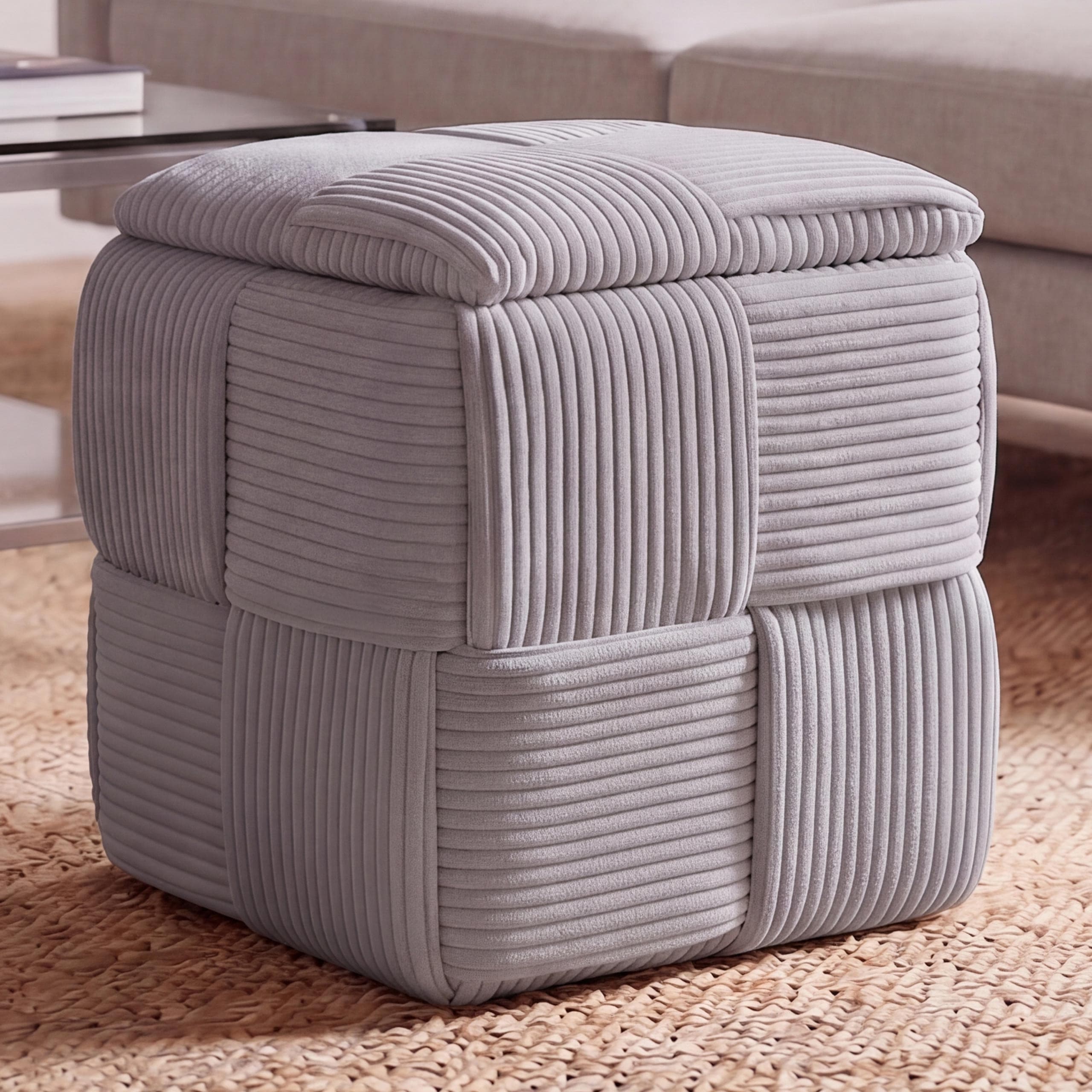 Hocker MCW-Q47, Sitzhocker Ottomane Polsterhocker Pouf, Deckel Staufach Stoff Cord (260g/m&sup2;) 43x40x40cm ~ dunkelgrau 