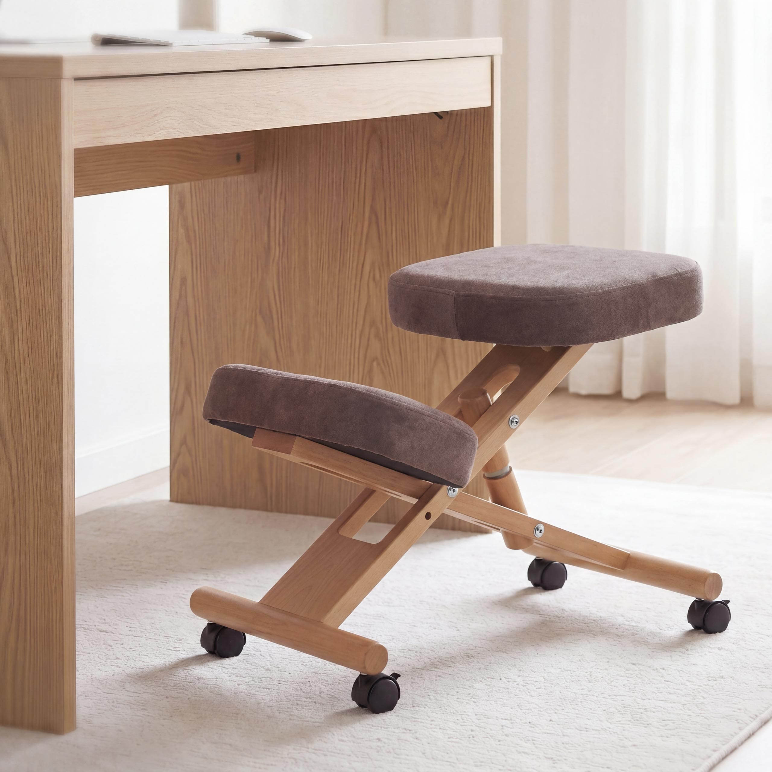 Kniestuhl MCW-Q46, Sitz-/Kniehocker h&ouml;henverstellbar Rollen Stoff/Textil (200g/m&sup2;) Holz ~ braun 