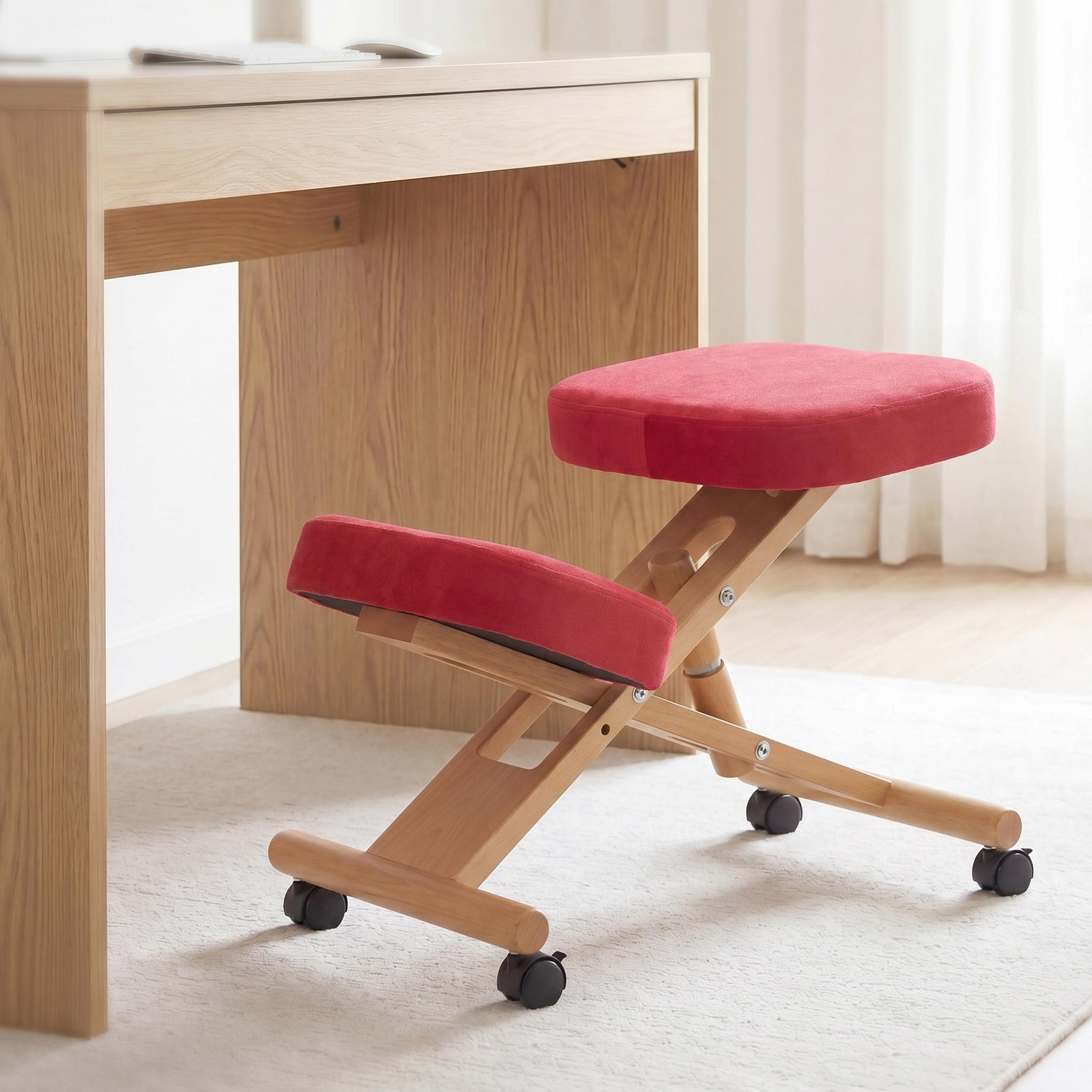 Kniestuhl MCW-Q46, Sitz-/Kniehocker h&ouml;henverstellbar Rollen Stoff/Textil (200g/m&sup2;) Holz ~ rot 