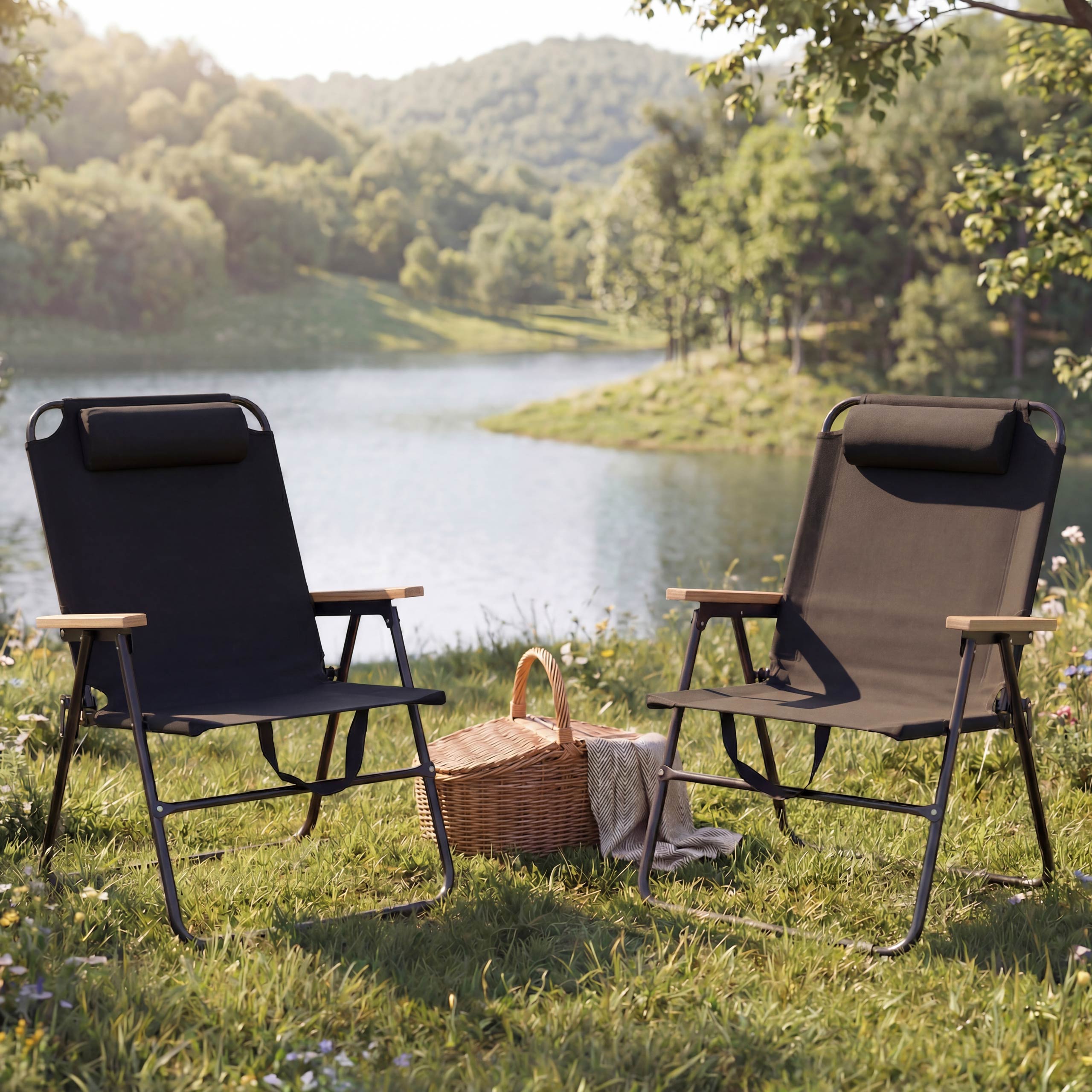 2er-Set Campingstuhl MCW-Q44, Gartenstuhl Balkonstuhl Freizeitstuhl, klappbar verstellbar Outdoor Metall Stoff ~ schwarz 