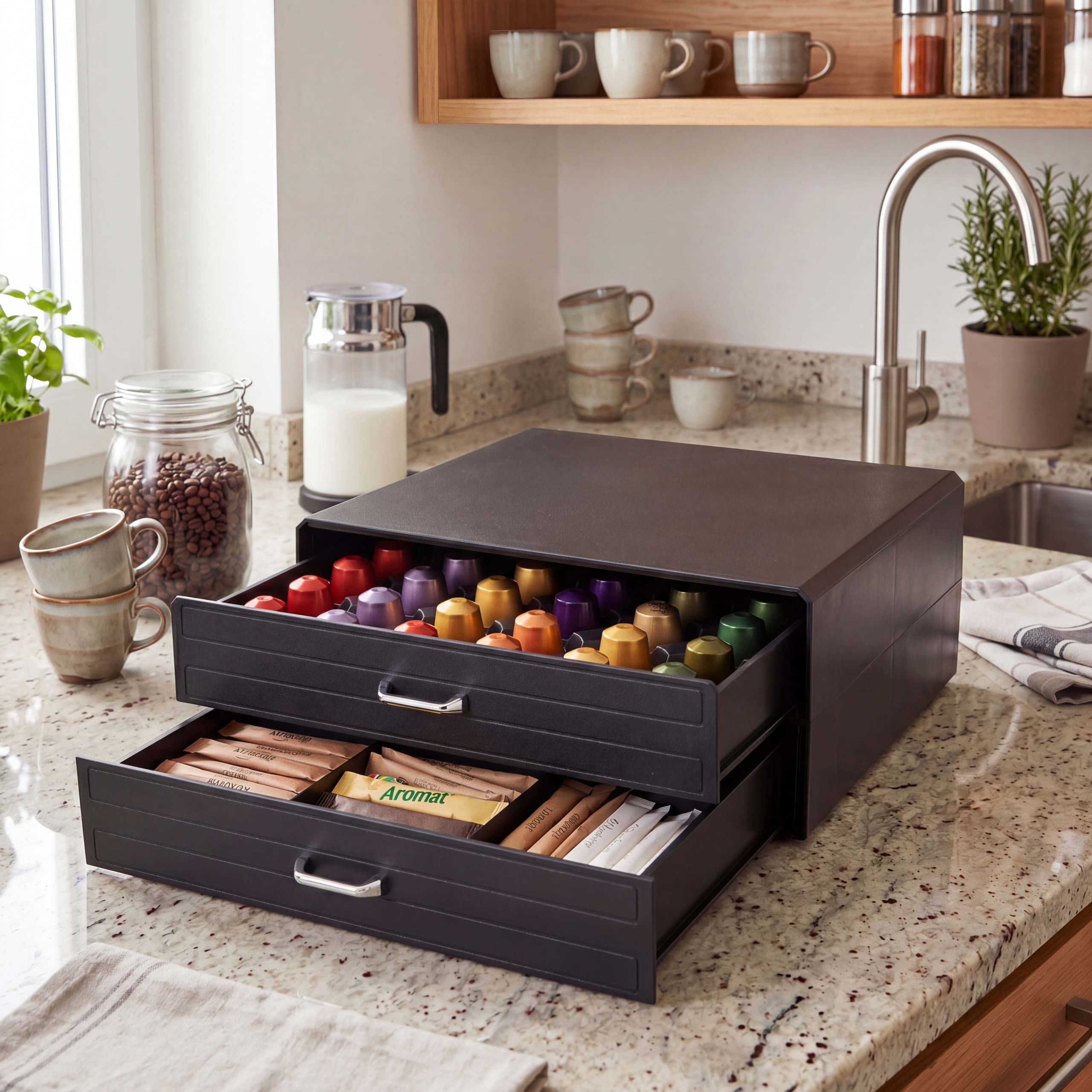 Schubladenbox f&uuml;r Kaffeekapseln MCW-L98, Aufbewahrungsbox mit 2 Schubladen Kapselbox, 14x34x33cm ~ schwarz 